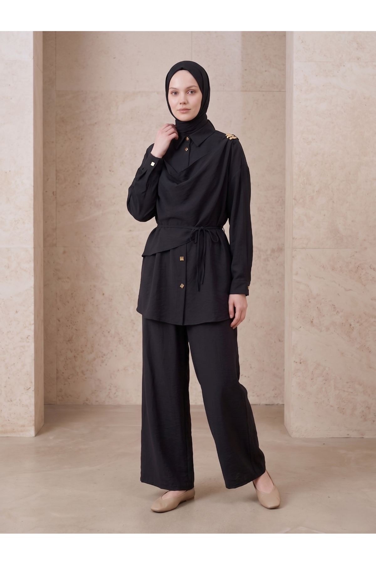 PİT00508-SYH Omuz Toka Detay Aller Pantolonlu Takım-Siyah
