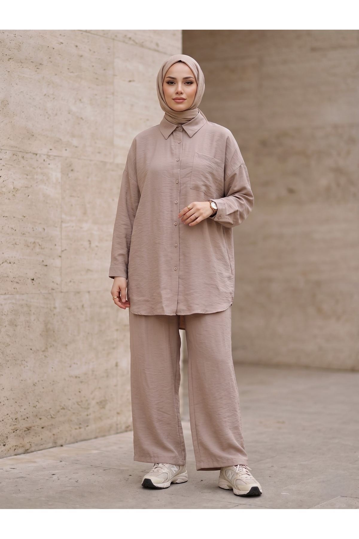 PİT00510-VİZ Cep Detay Pantolonlu Takım-Vizon