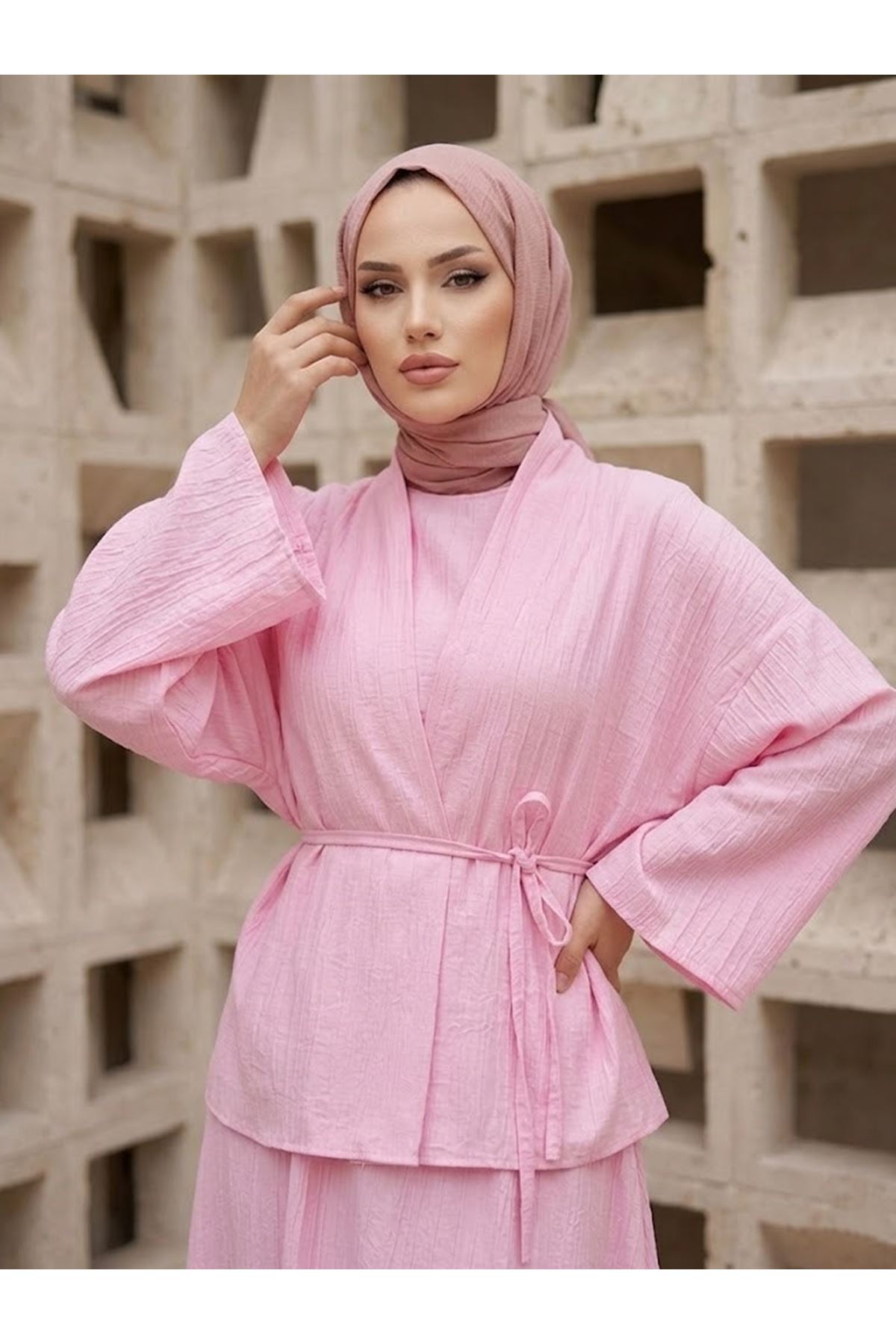 ELB04147-PMB İkili Çilek Elbise-Pembe