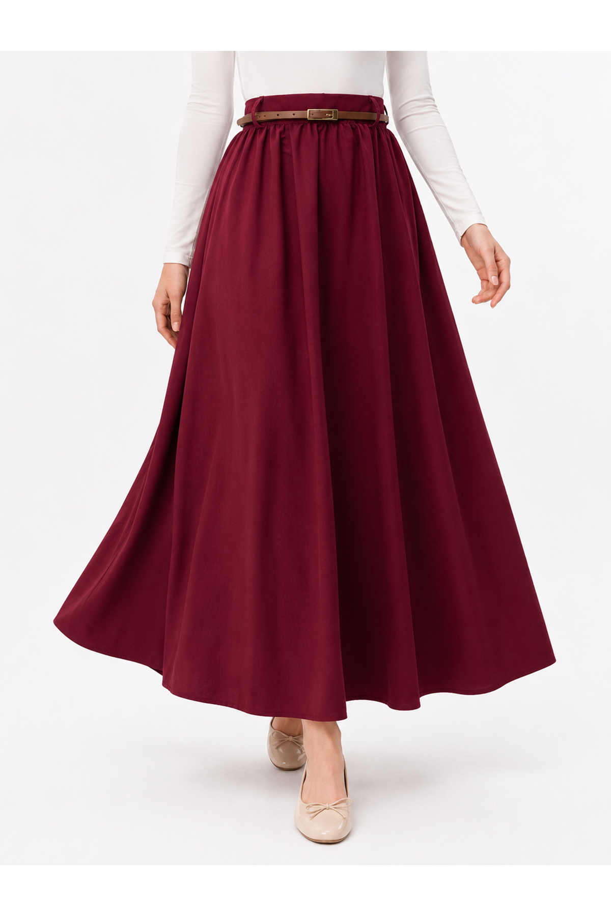 MOE03059-BRD Büzgülü Kemer Detay Soft Etek-Bordo