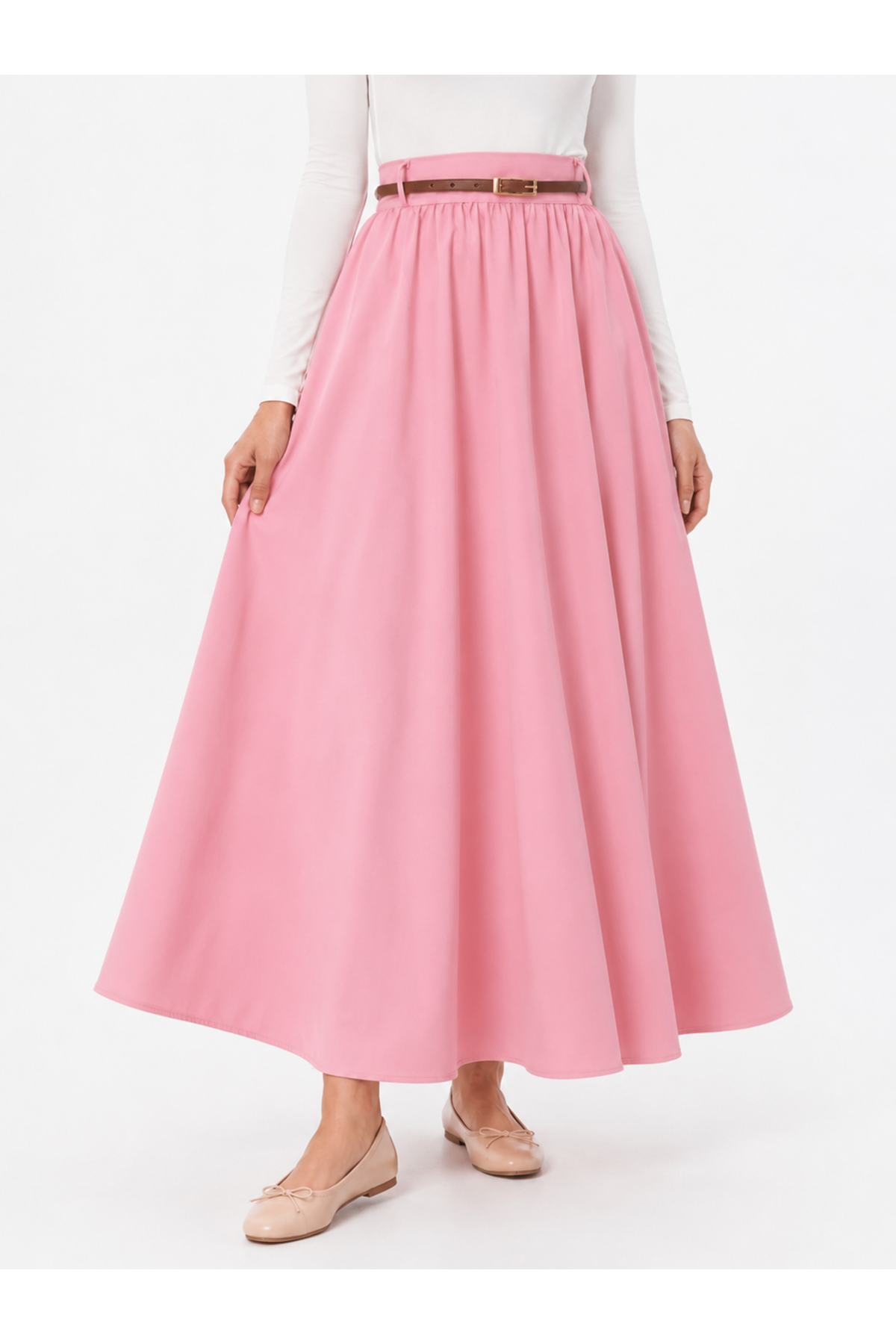 MOE03059-PMB Büzgülü Kemer Detay Soft Etek-Pembe
