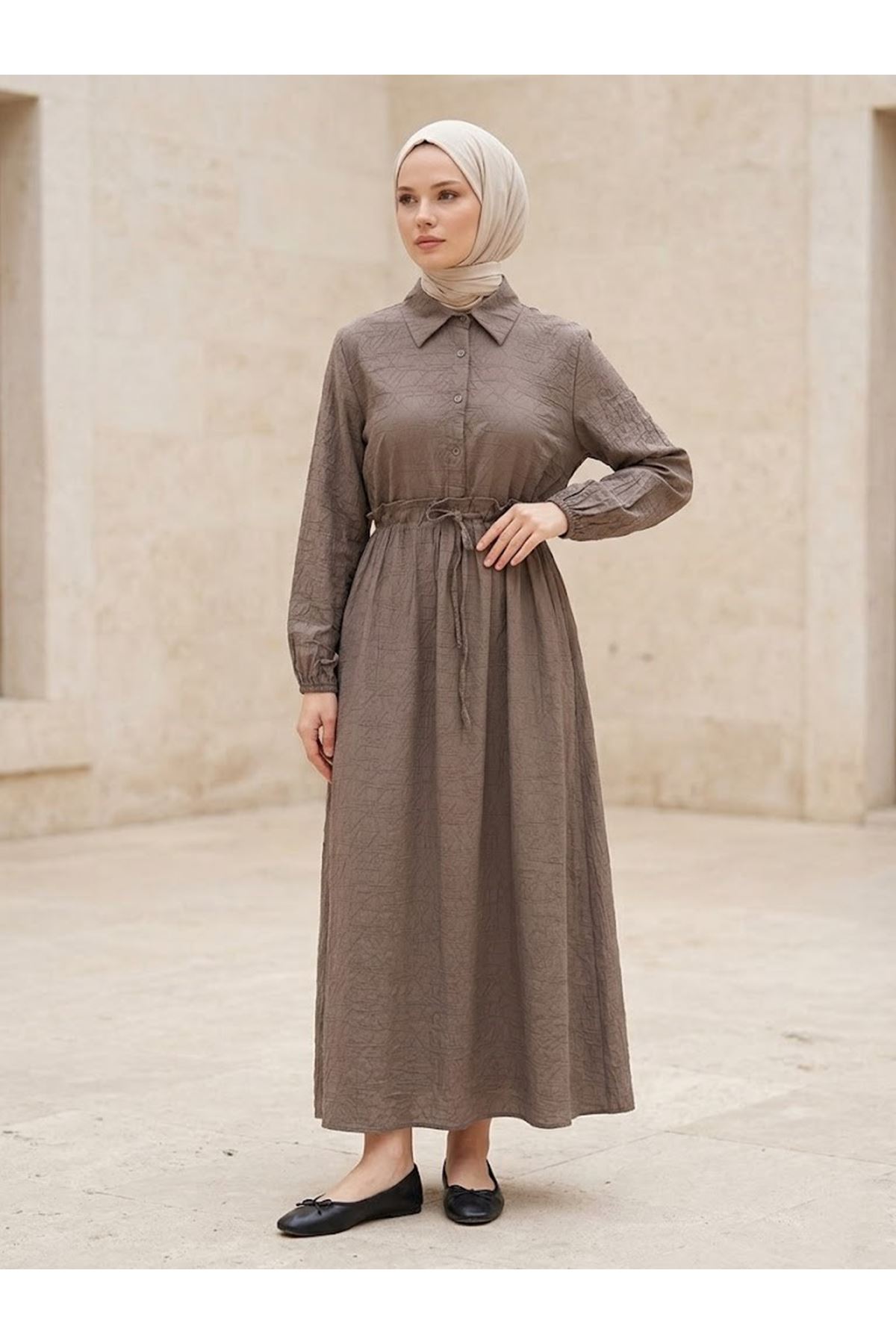 ELB04146-DMN Beli Tünelli Elbise-Duman