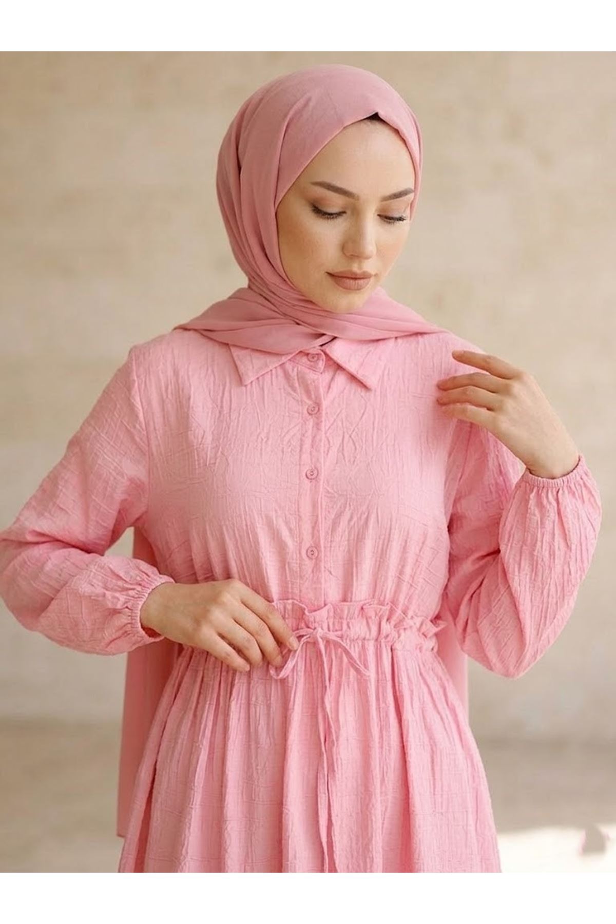 ELB04146-PMB Beli Tünelli Elbise-Pembe