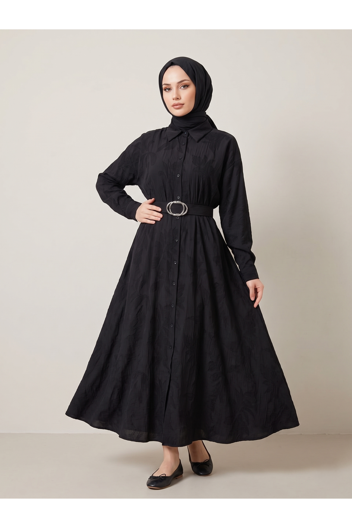 ELB04144-SYH Yakalı Patlı Elbise-Siyah