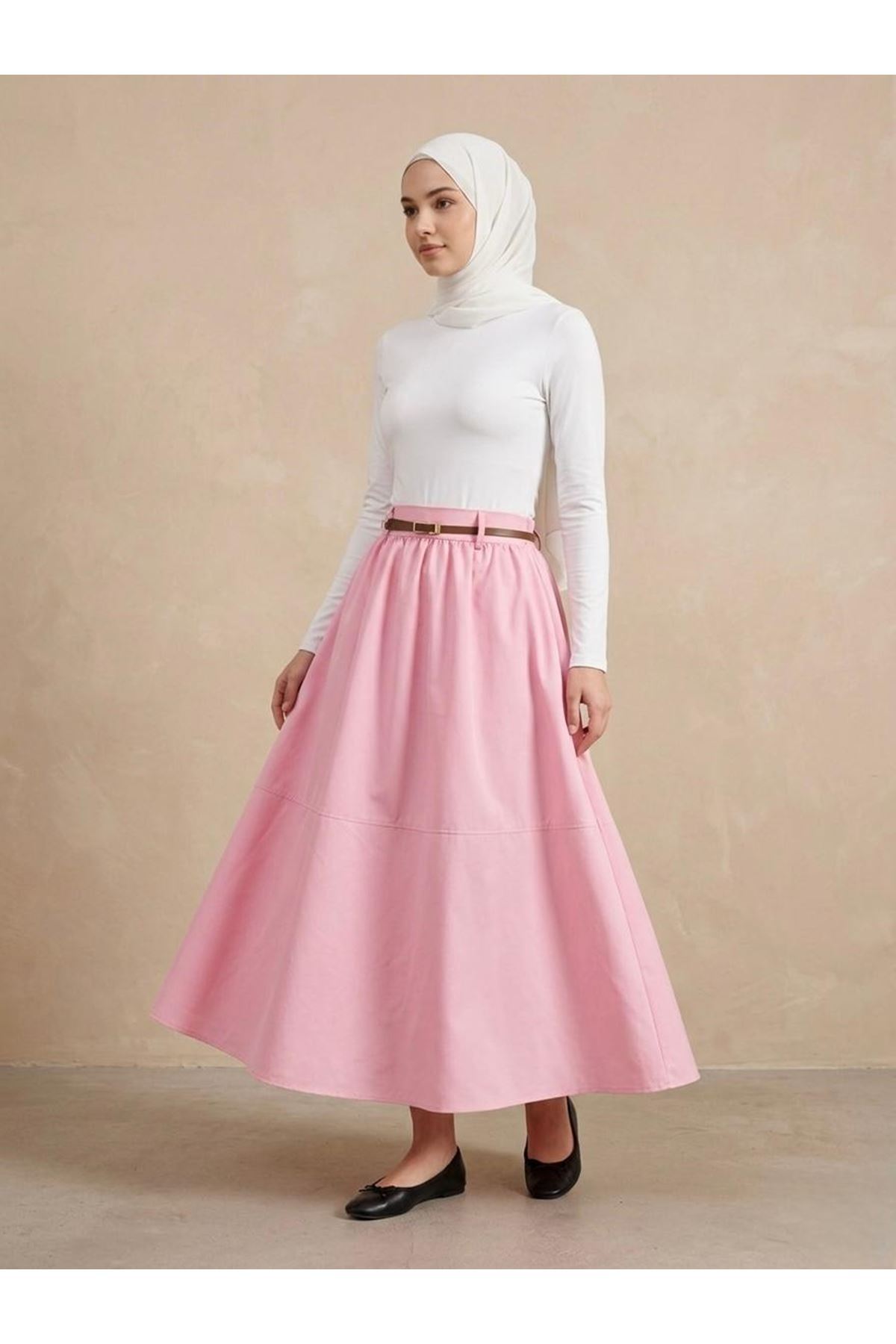 MOE03060-PMB Büzgü Gazzeli Soft Etek-Pembe