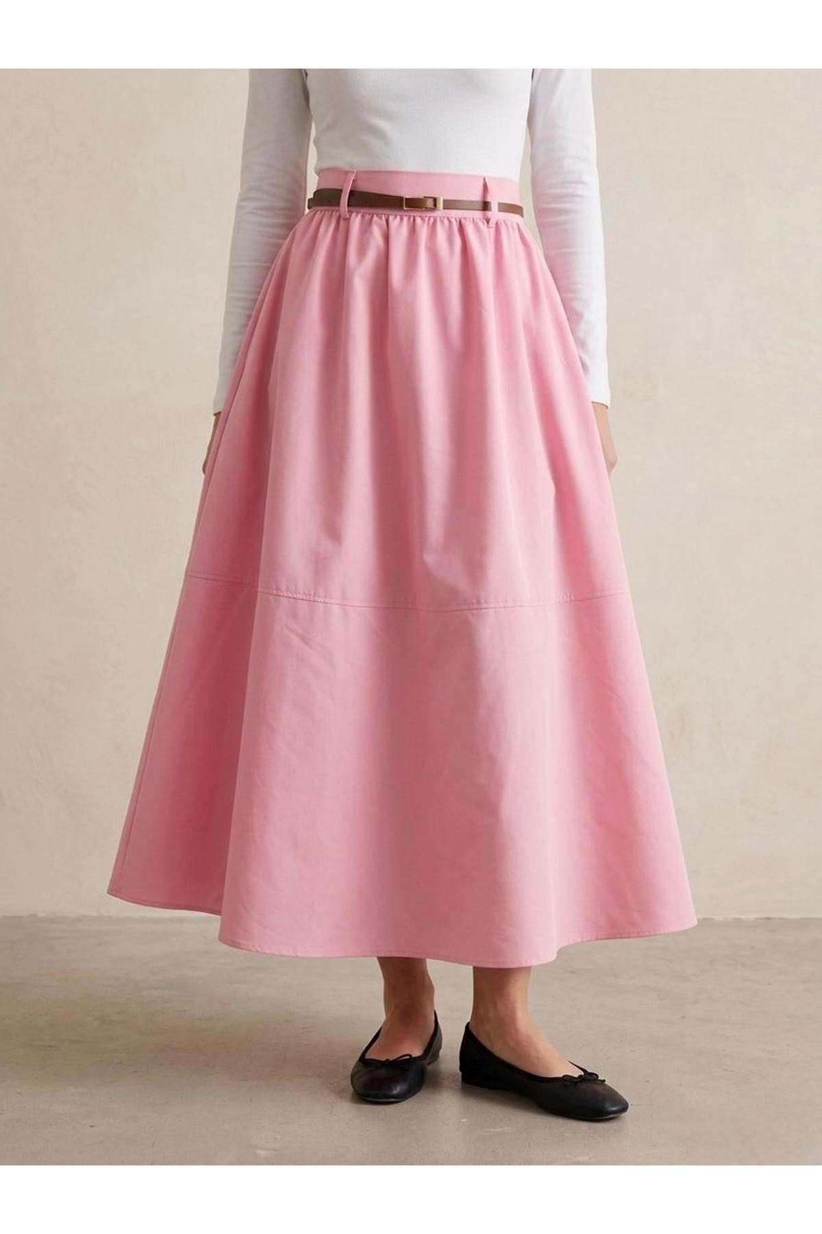 MOE03060-PMB Büzgü Gazzeli Soft Etek-Pembe