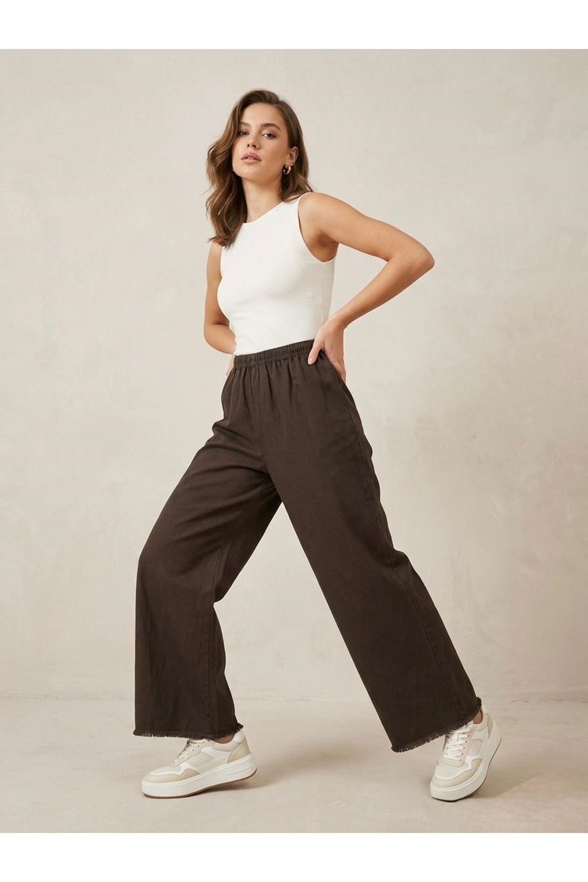 PNT01565-KHV Yıkama Püsküllü Pantolon-Kahve