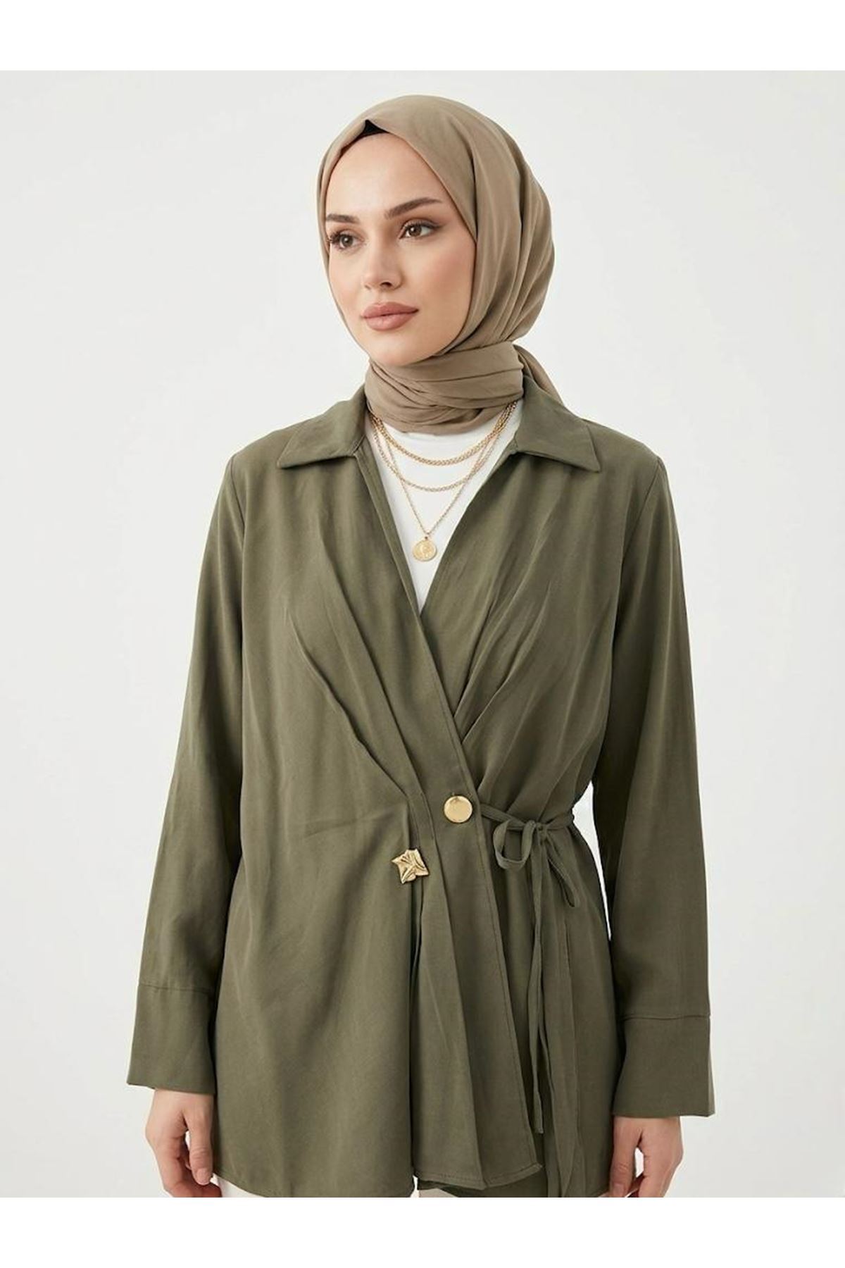 TUN05957-HKİ Çift Düğmeli Bağcıklı Tunik-Haki