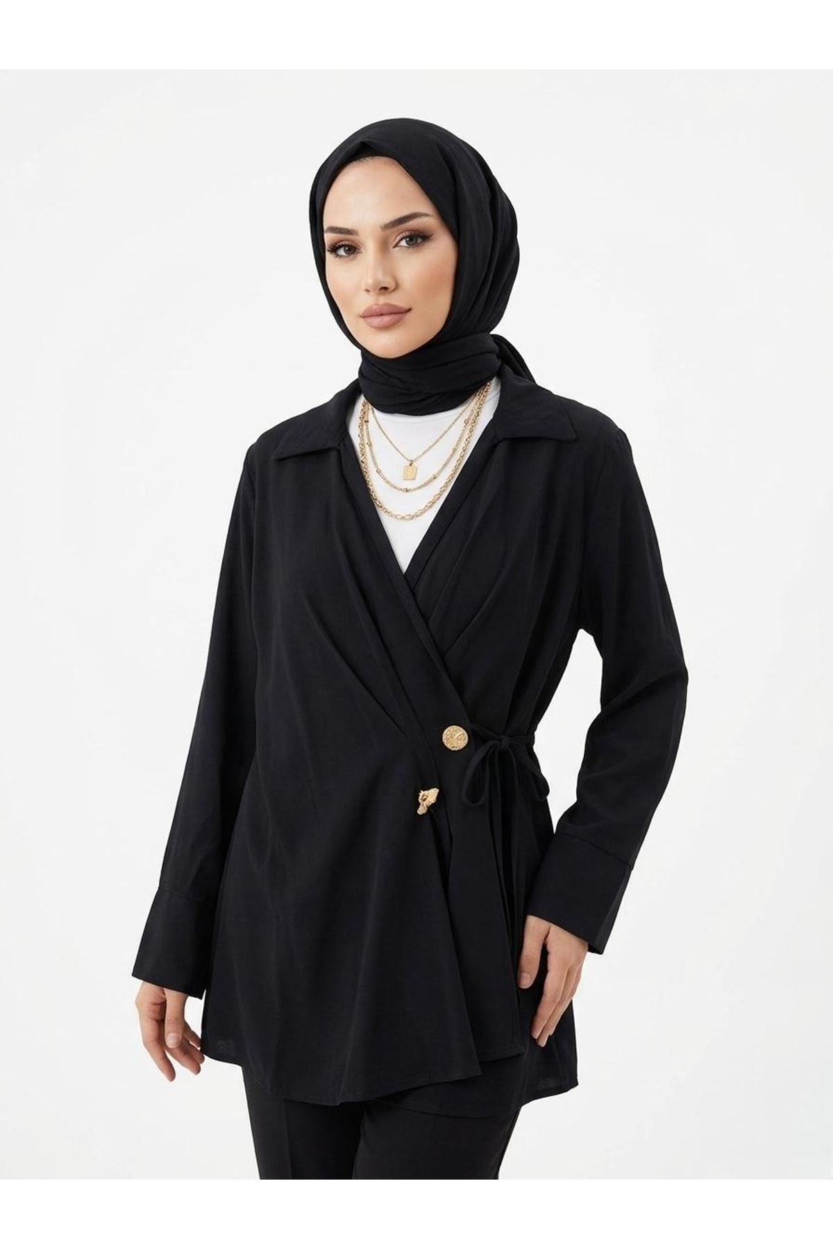 TUN05957-SYH Çift Düğmeli Bağcıklı Tunik-Siyah