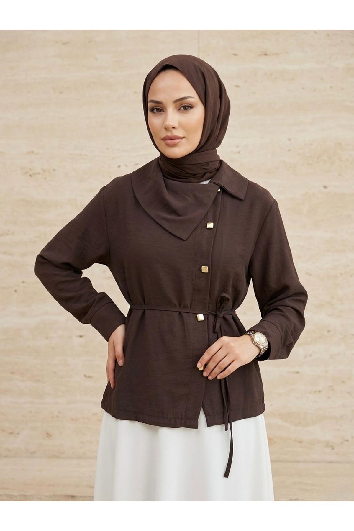 TUN05962-KHV Çapraz Düğmeli Tunik-Kahve