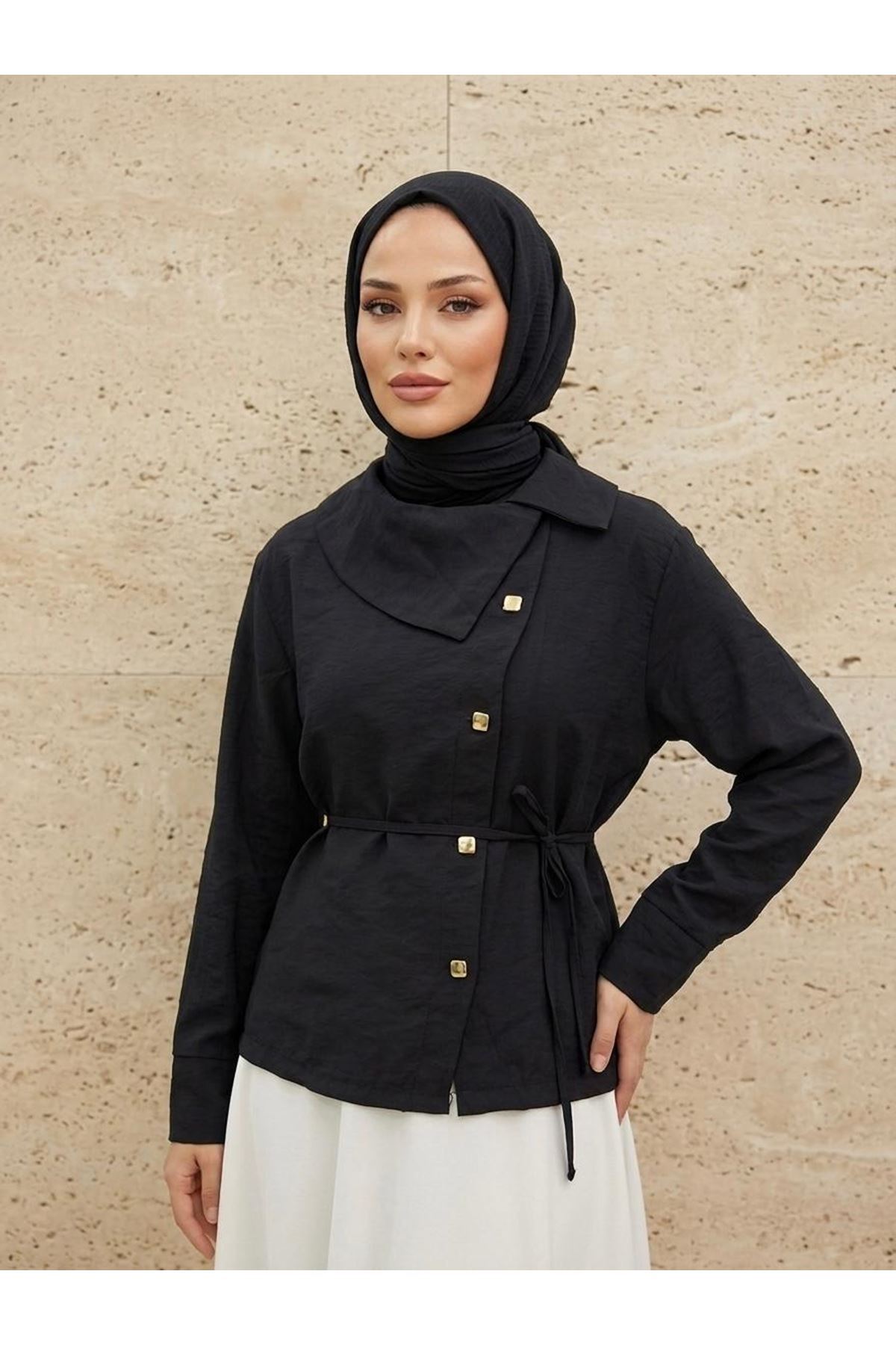 TUN05962-SYH Çapraz Düğmeli Tunik-Siyah