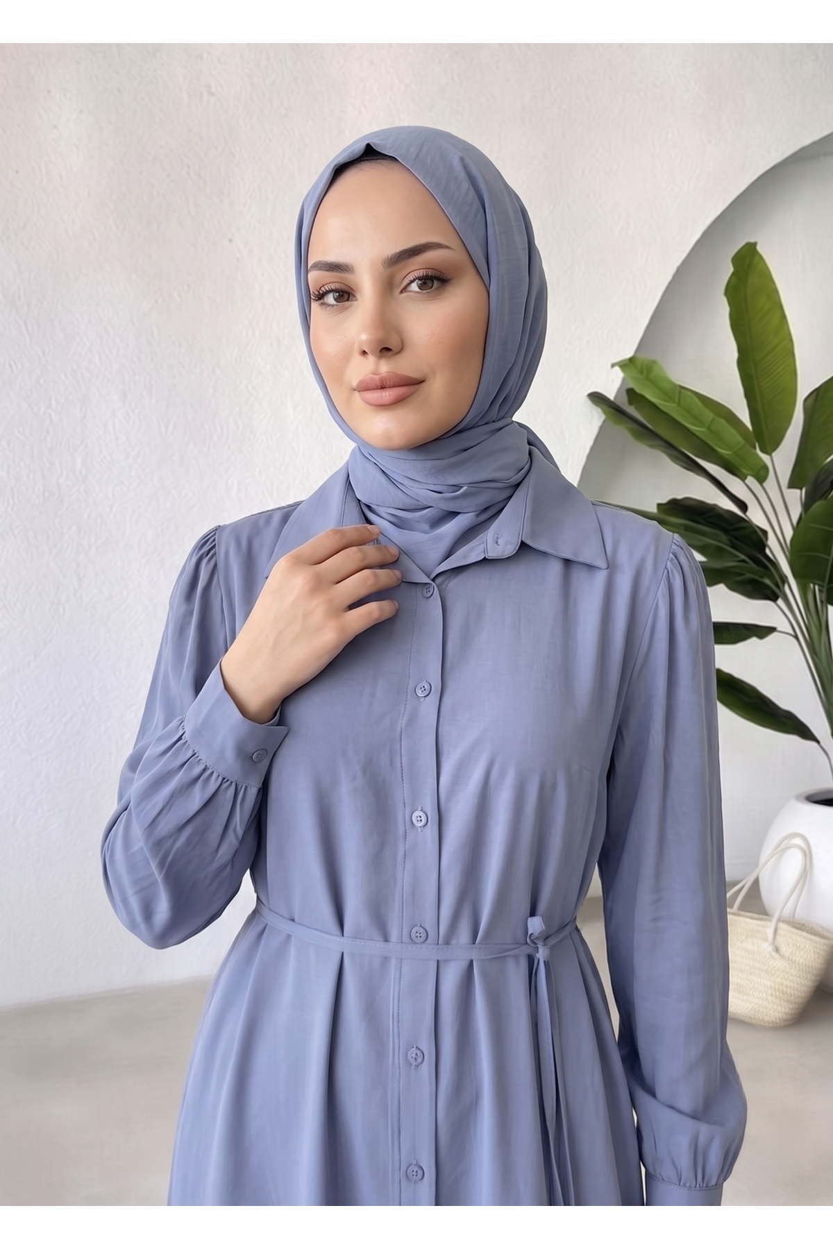 TUN05972-İND Yakalı Uzun Kupra Tunik-İndigo