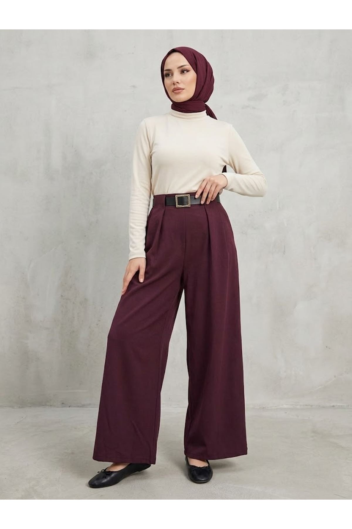 PNT01566-BRD Pileli Kemer Detay Pantolon-Bordo