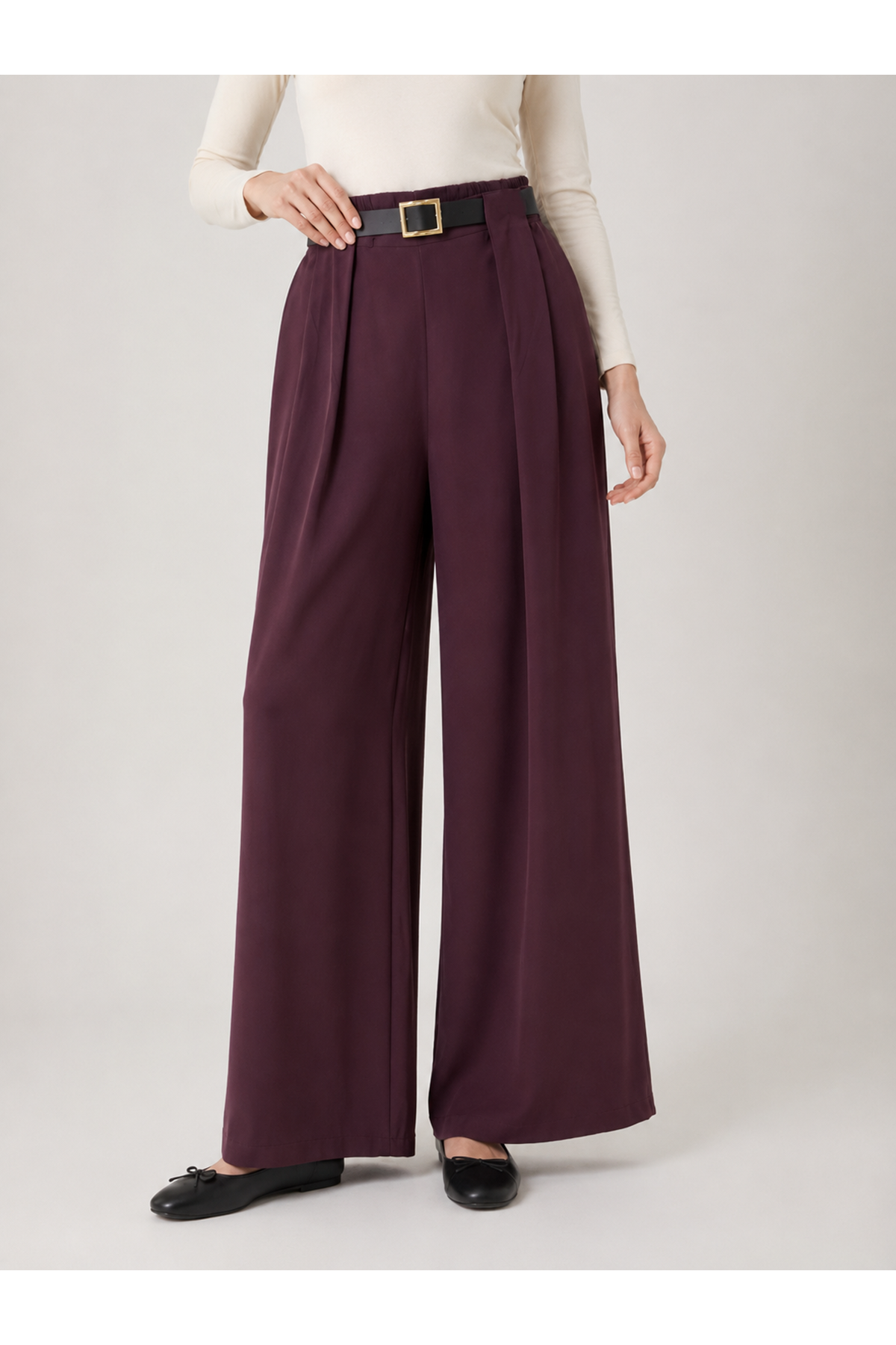 PNT01566-BRD Pileli Kemer Detay Pantolon-Bordo