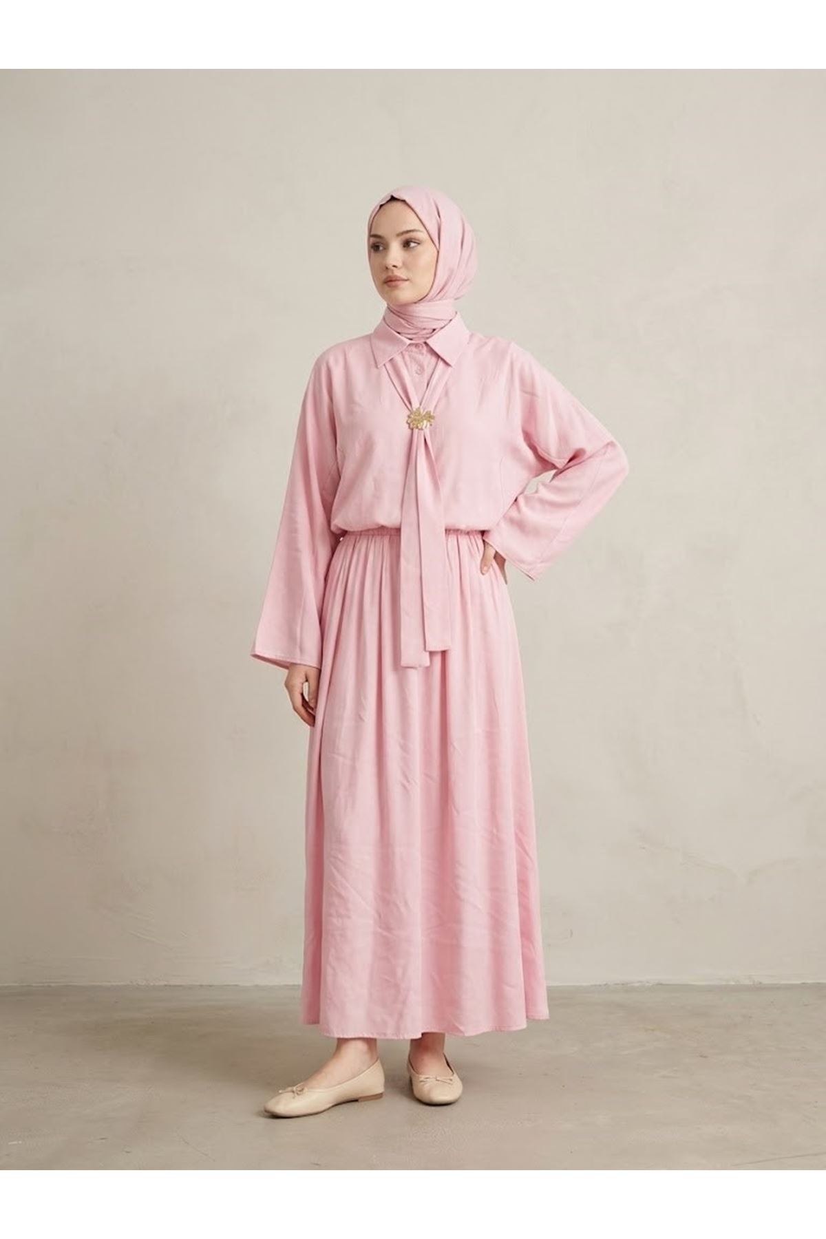 EİT00118-PMB Kup Kesimli Etekli Takım-Pembe