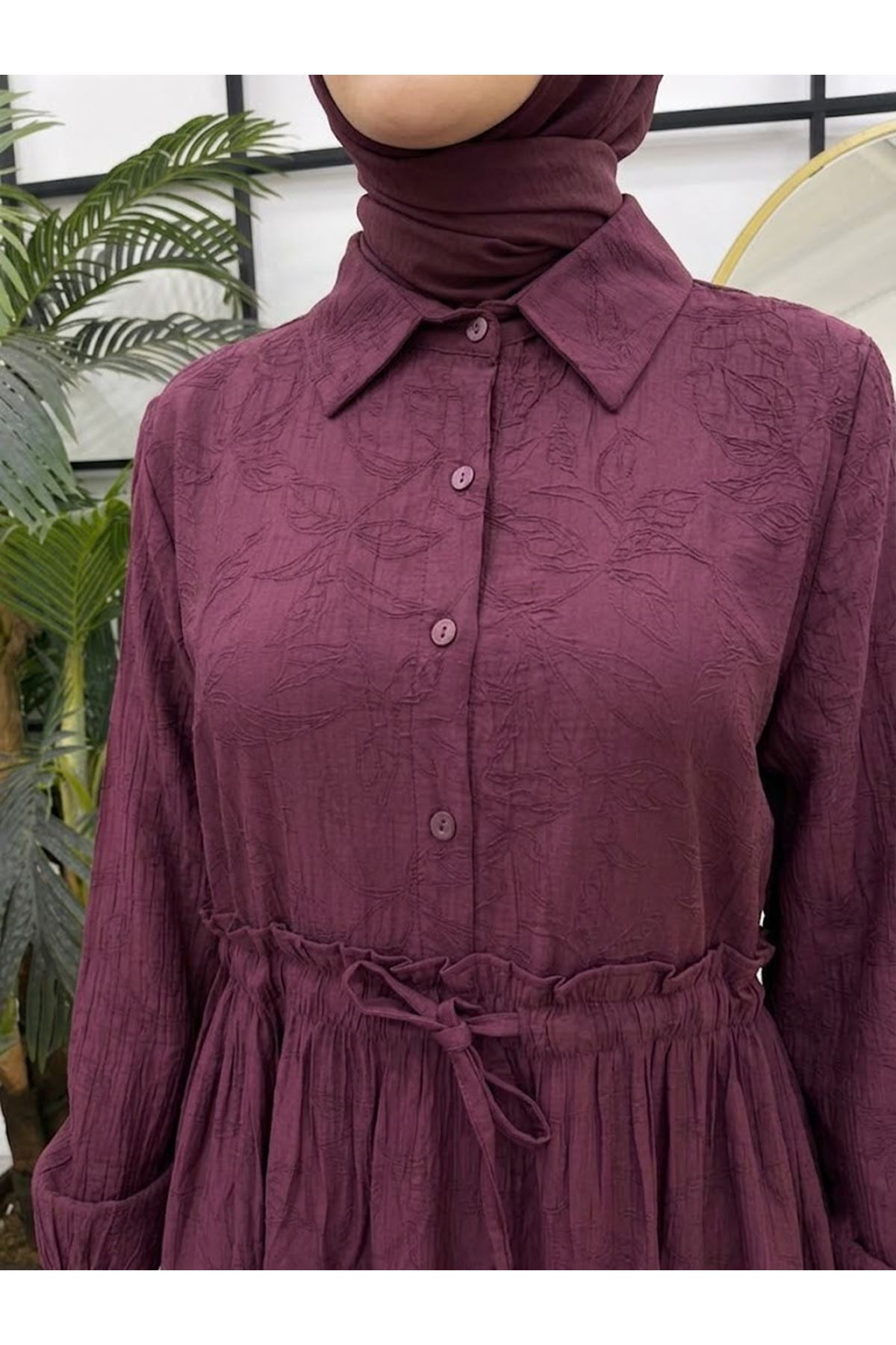 ELB04145-BRD Bel Fırfır Detay Yarım Pat Elbise-Bordo