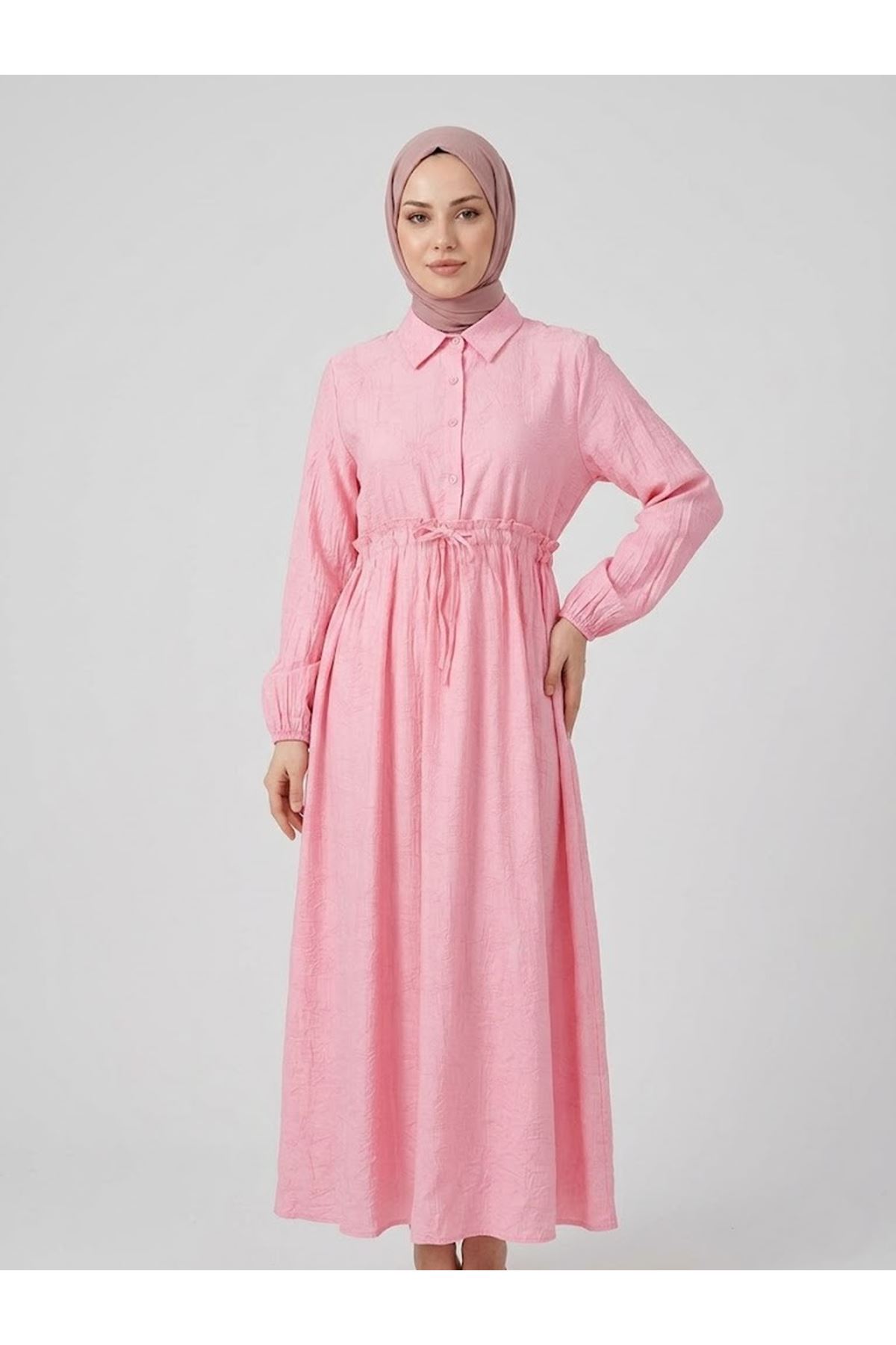 ELB04145-PMB Bel Fırfır Detay Yarım Pat Elbise-Pembe