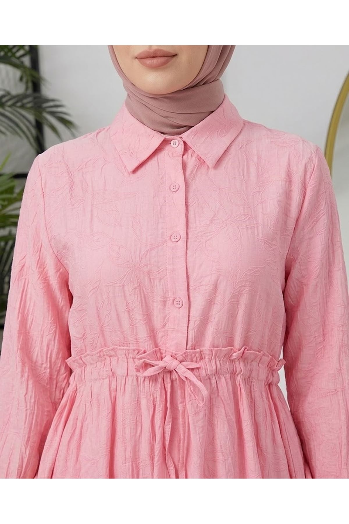 ELB04145-PMB Bel Fırfır Detay Yarım Pat Elbise-Pembe