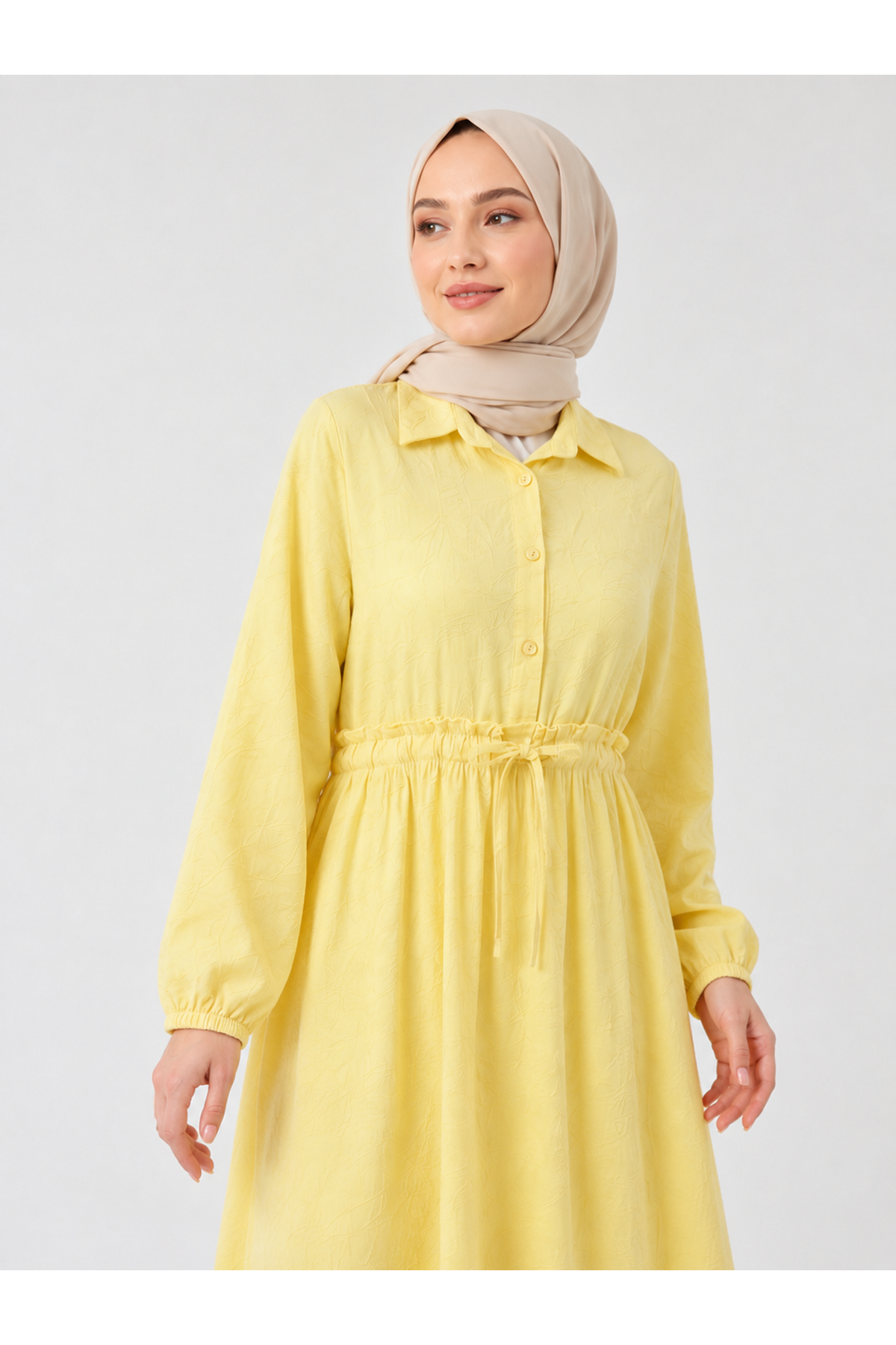 ELB04145-SRI Bel Fırfır Detay Yarım Pat Elbise-Sarı