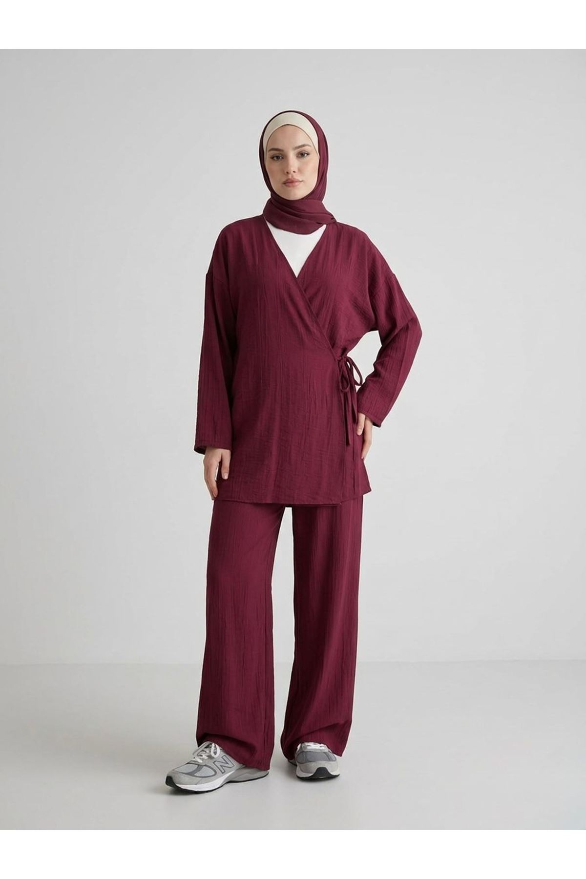 PİT00478-BRD Yan Bağlamalı Çilek Takım-Bordo