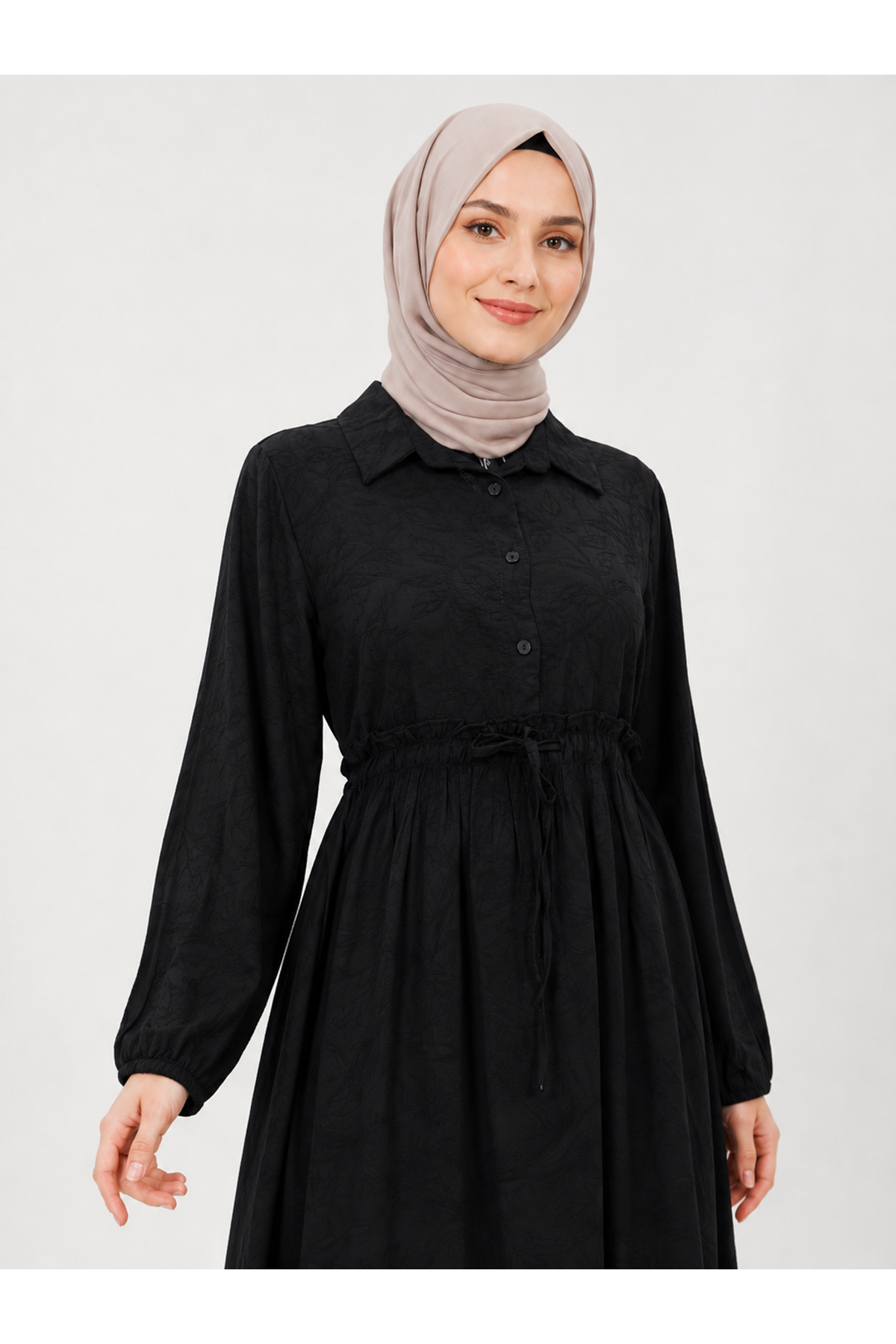 ELB04145-SYH Bel Fırfır Detay Yarım Pat Elbise-Siyah
