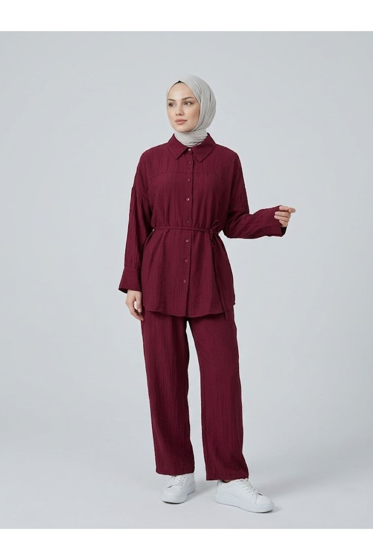 PİT00517-BRD Roba Detay Pantolonlu Çilek Takım-Bordo