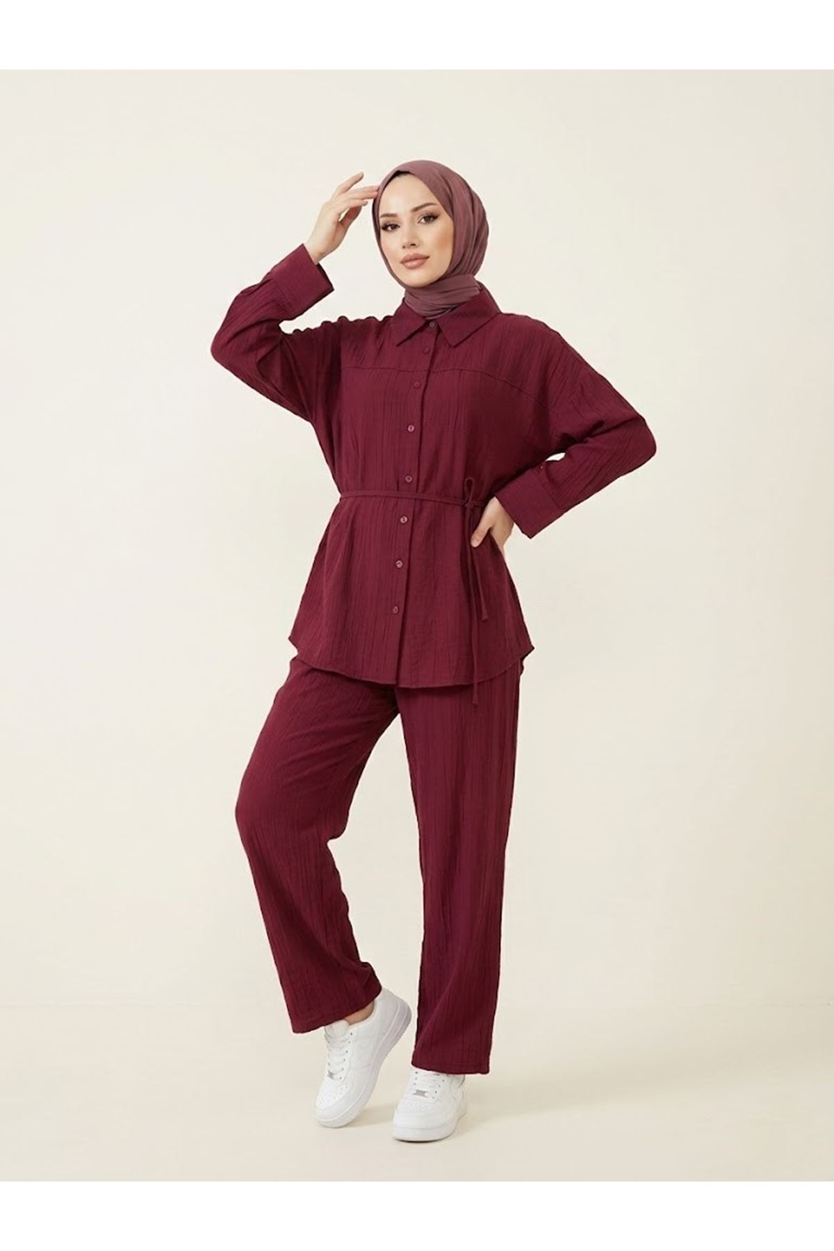 PİT00517-BRD Roba Detay Pantolonlu Çilek Takım-Bordo