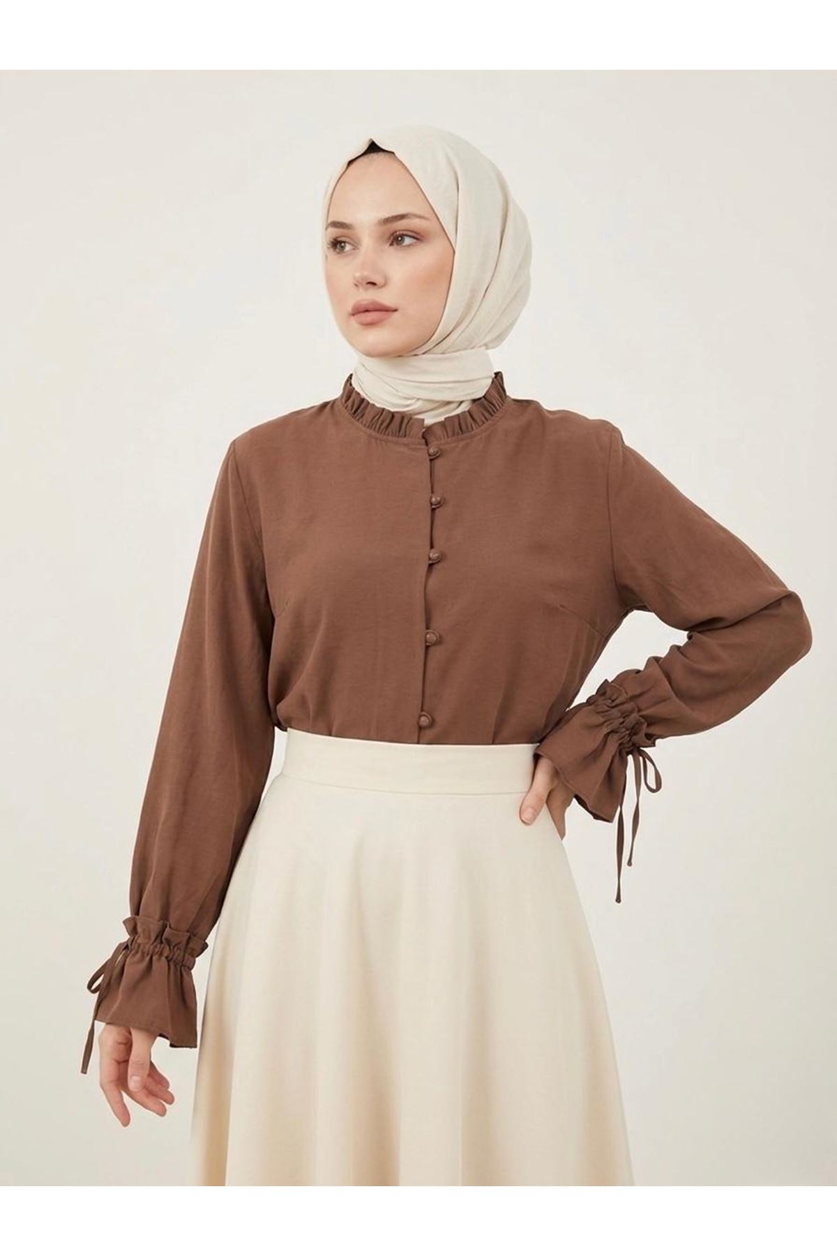 TUN05975-KHV Kol Tünel Yaka Fırfır Tunik-Kahve