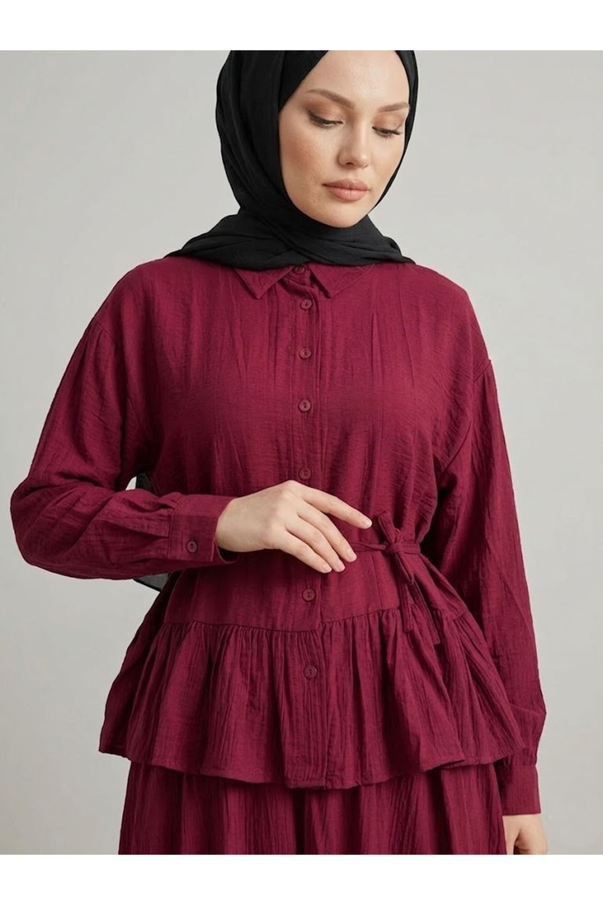 EİT00122-BRD Büzgülü Etekli Çilek Takım-Bordo