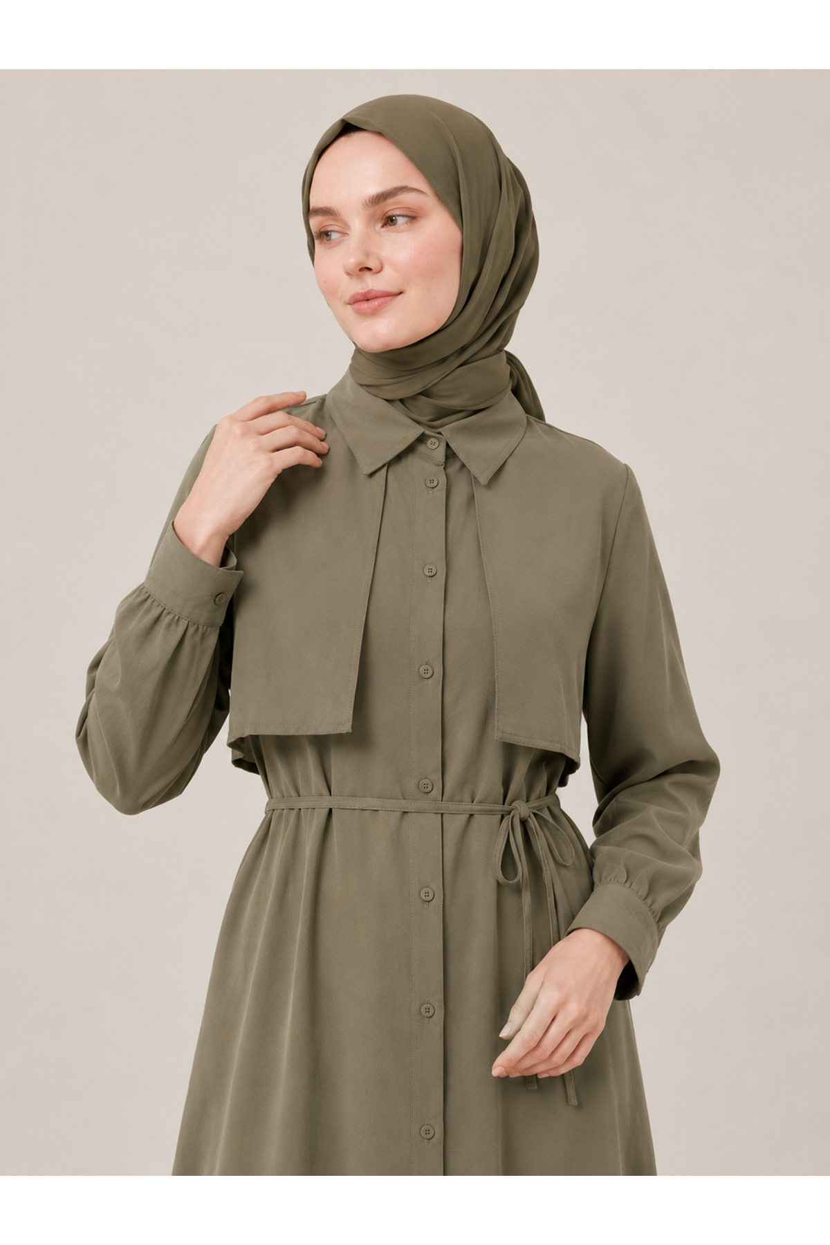 ELB04149-HKİ Aller Detay Patlı Elbise-Haki
