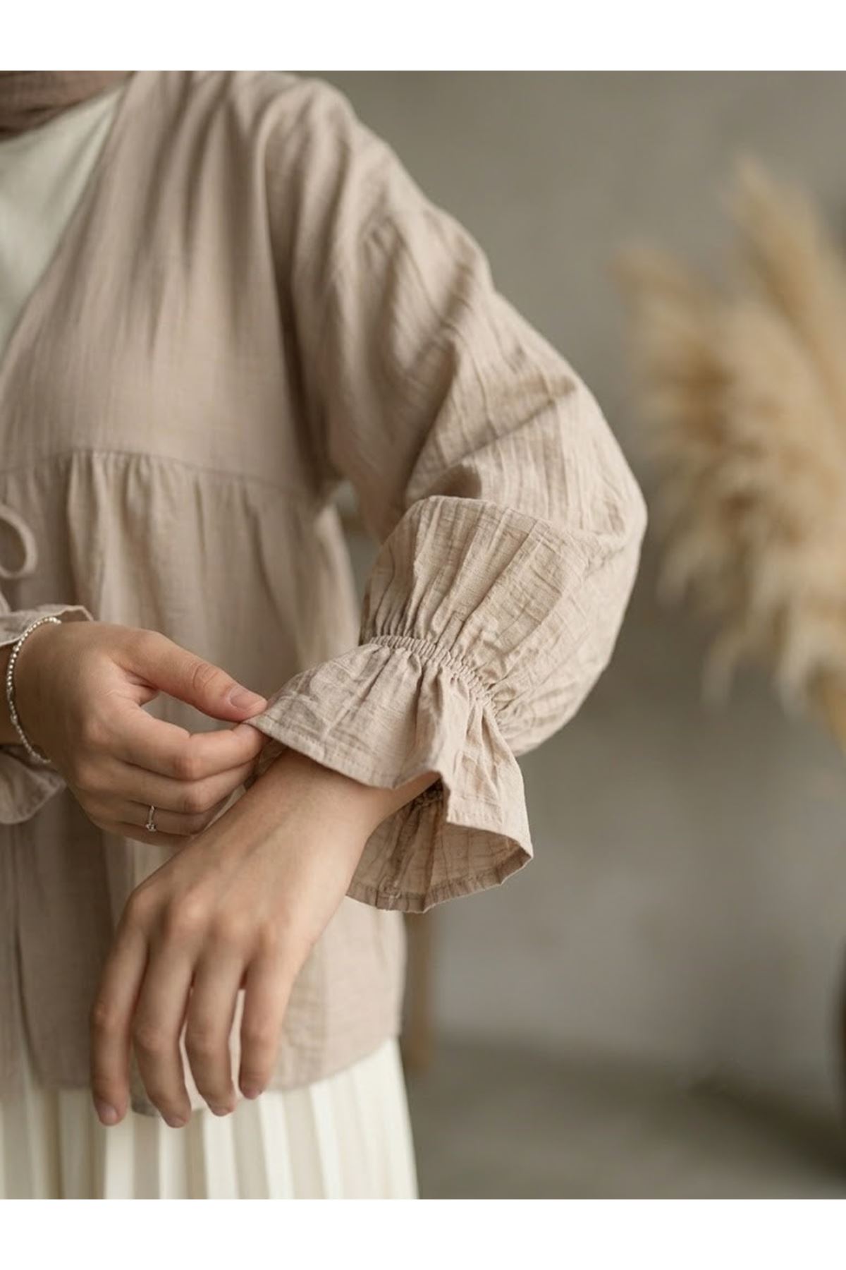 TUN05982-VİZ Roba Büzgülü Kol Lastik Tunik-Vizon
