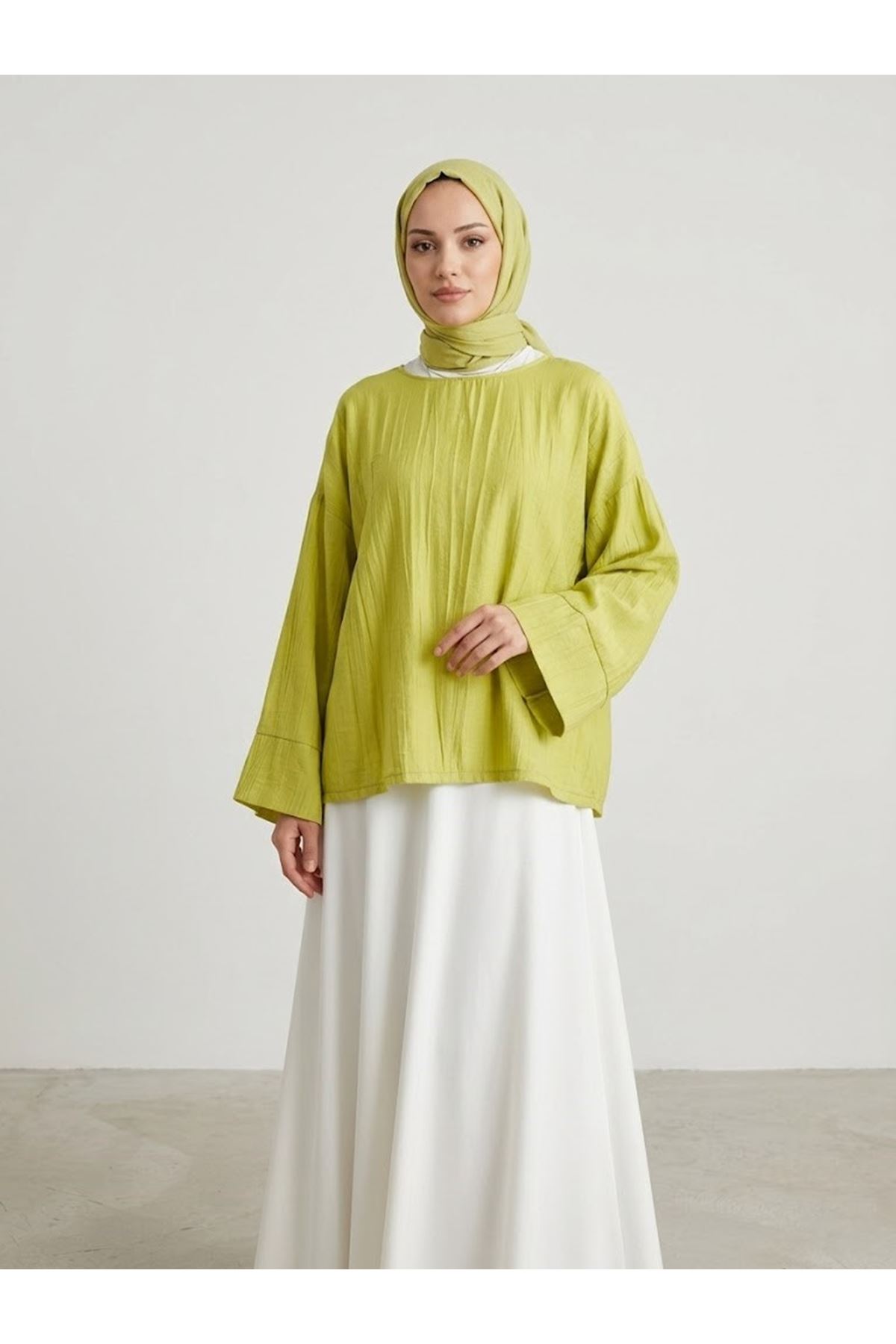 TUN05979-69 Geniş Takma Manşet Tunik-YAĞ YEŞİLİ