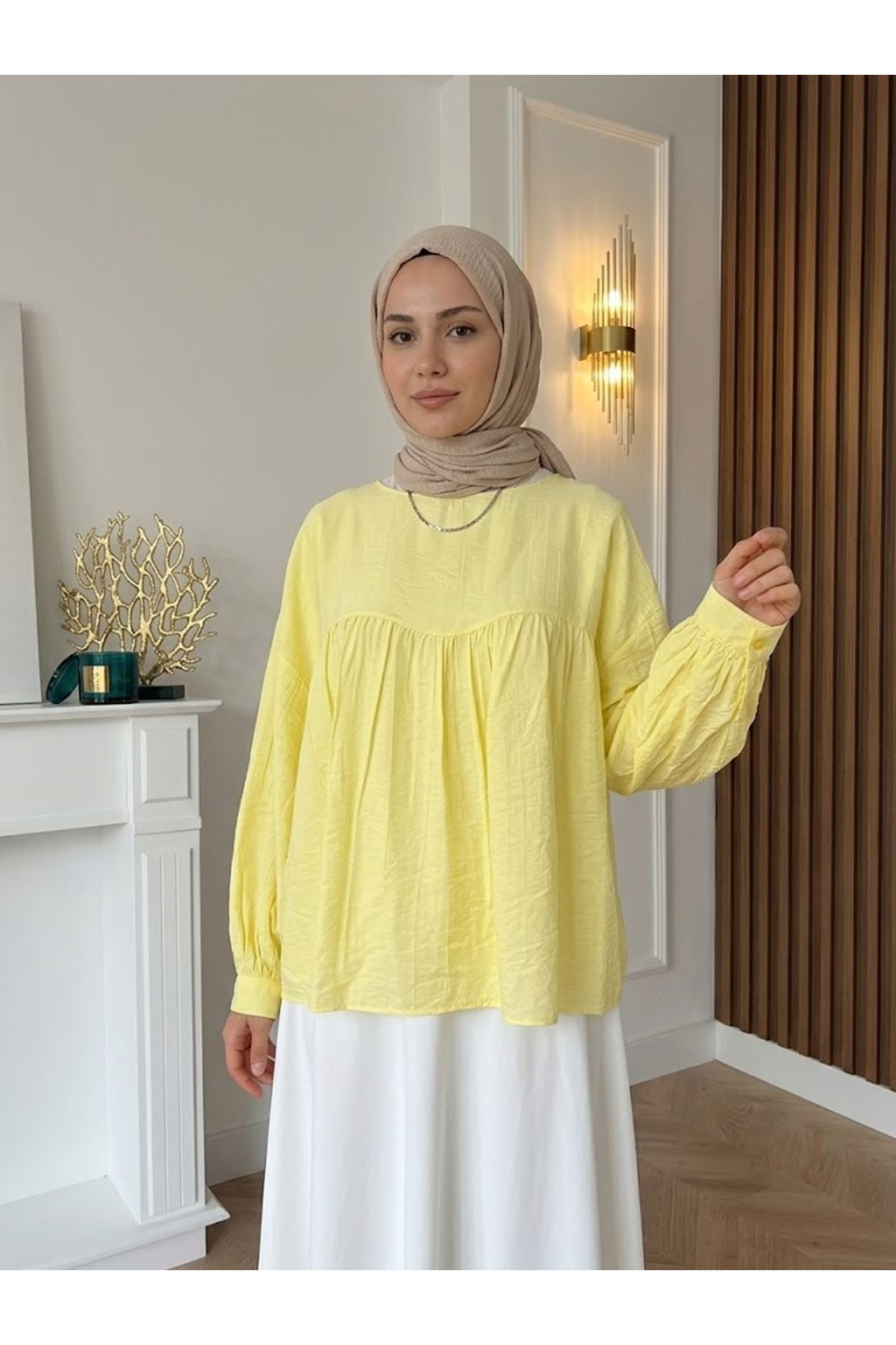 TUN05981-SRI Manşet Detay Büzgülü Tunik-Sarı
