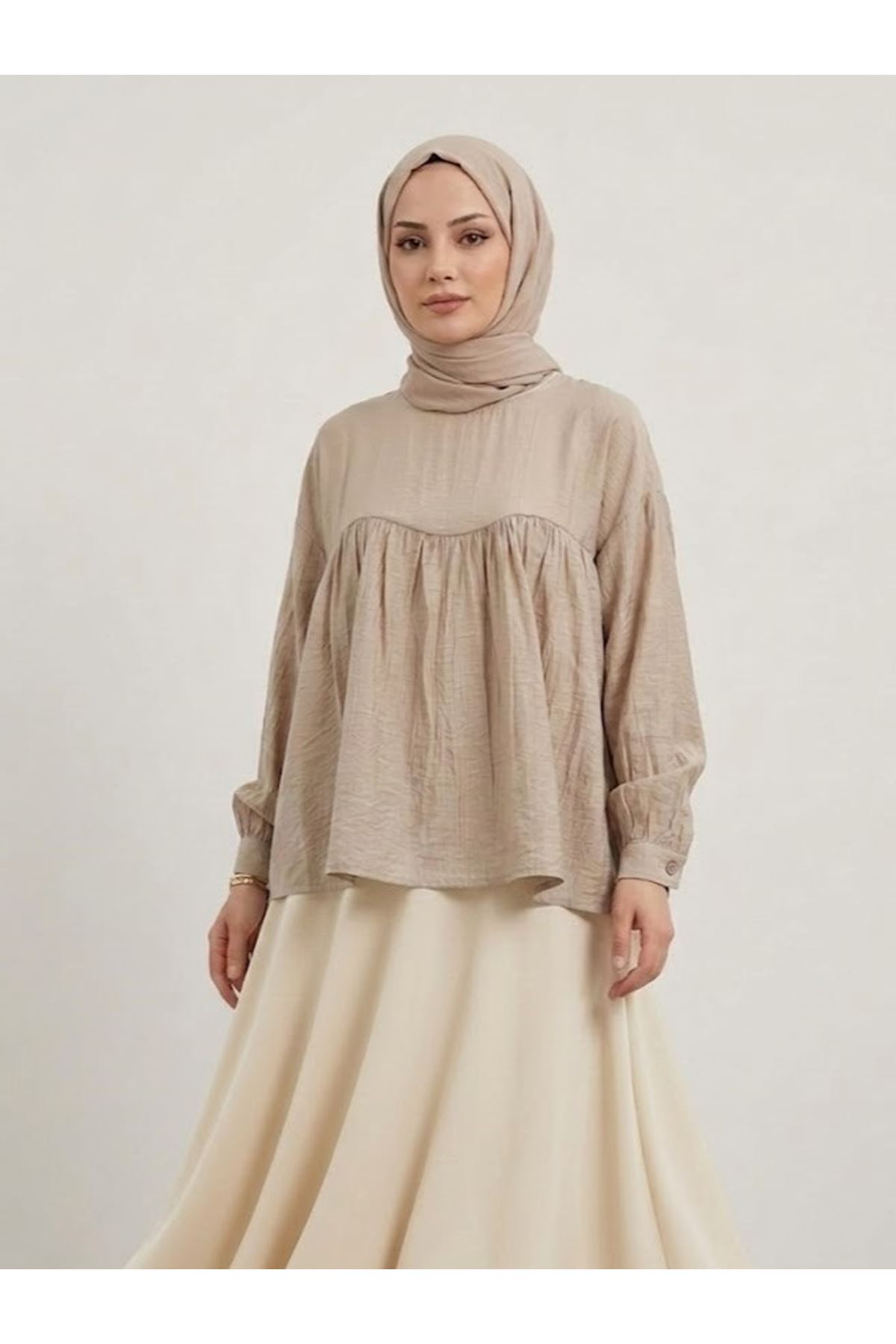 TUN05981-VİZ Manşet Detay Büzgülü Tunik-Vizon