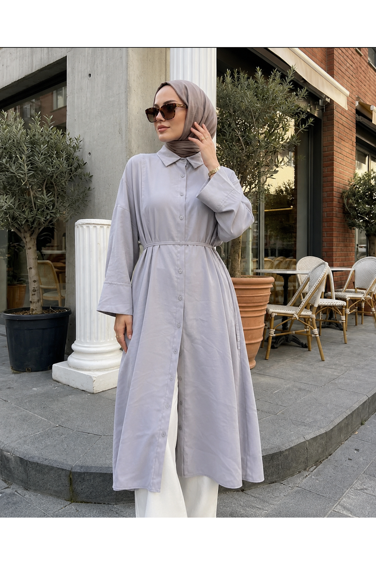 TUN05984-GRN Ön Nevrür Detay  Uzun Tunik-Gri