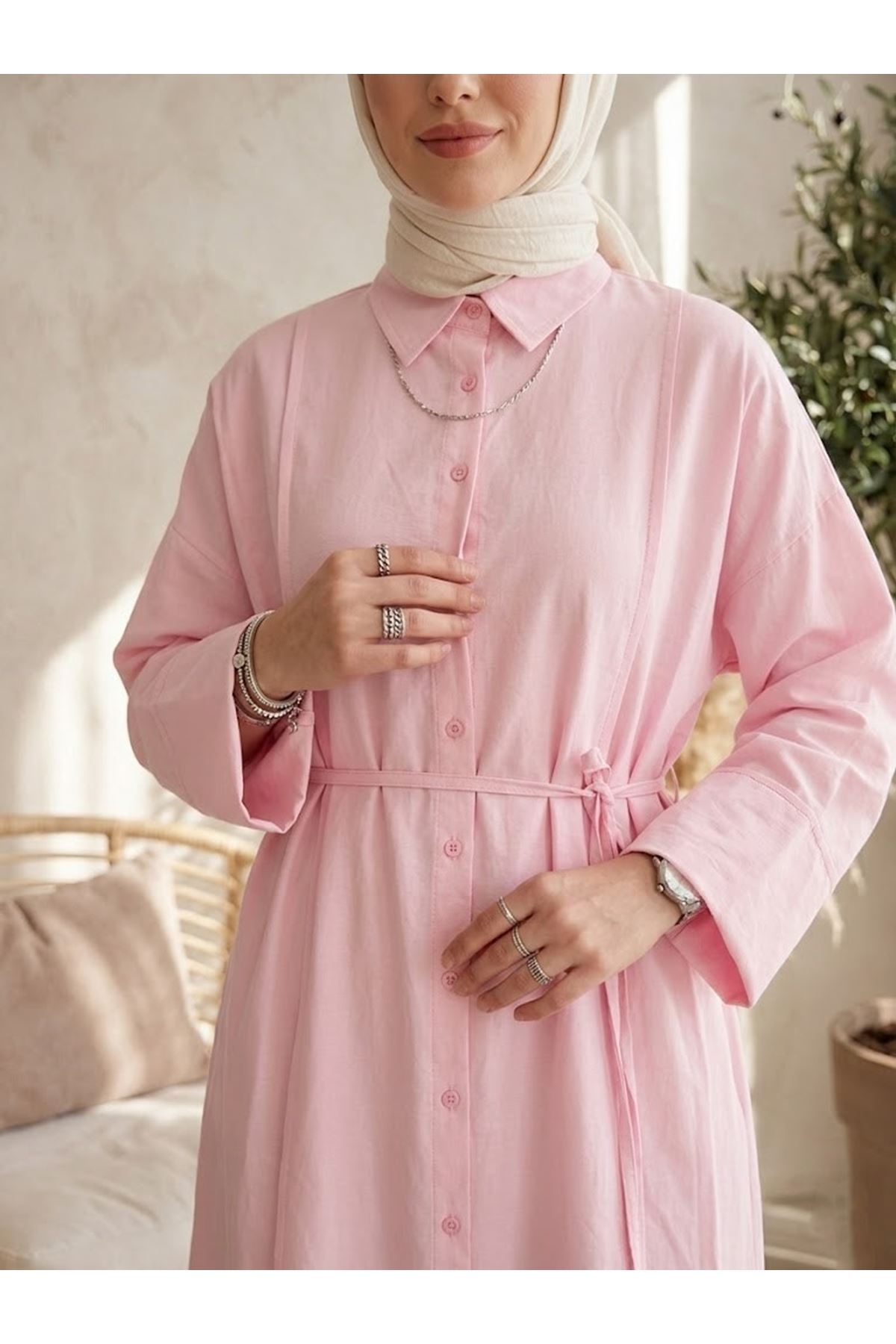 TUN05984-PMB Ön Nevrür Detay  Uzun Tunik-Pembe