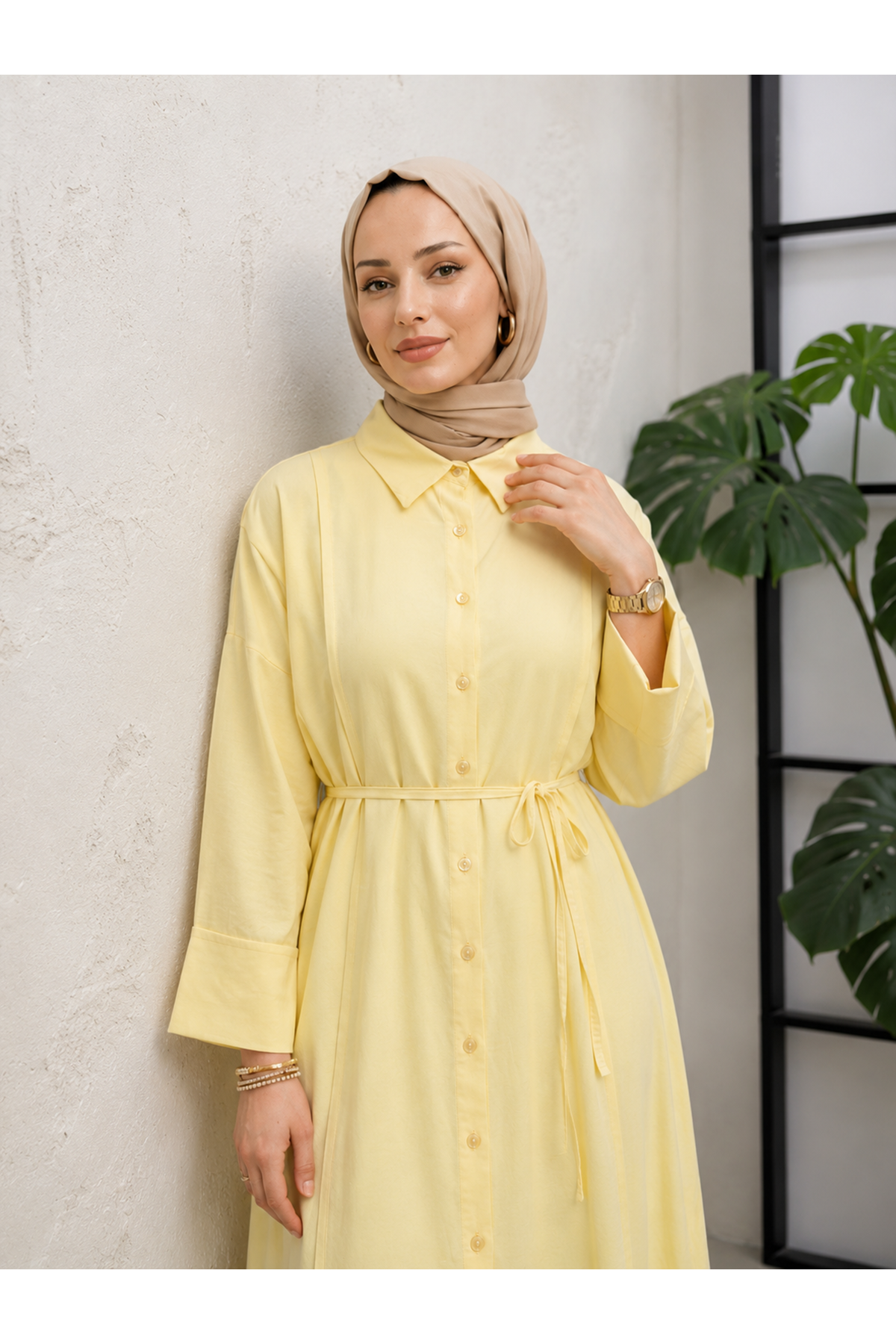 TUN05984-SRI Ön Nevrür Detay  Uzun Tunik-Sarı