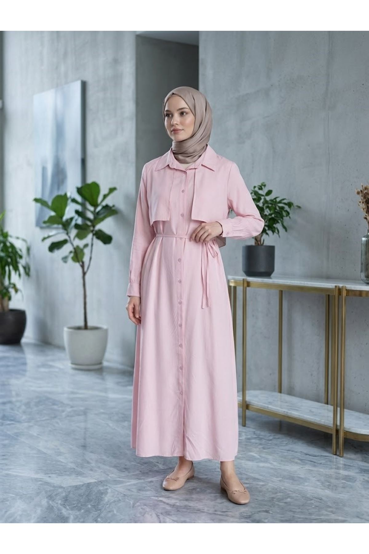 ELB04149-PMB Aller Detay Patlı Elbise-Pembe