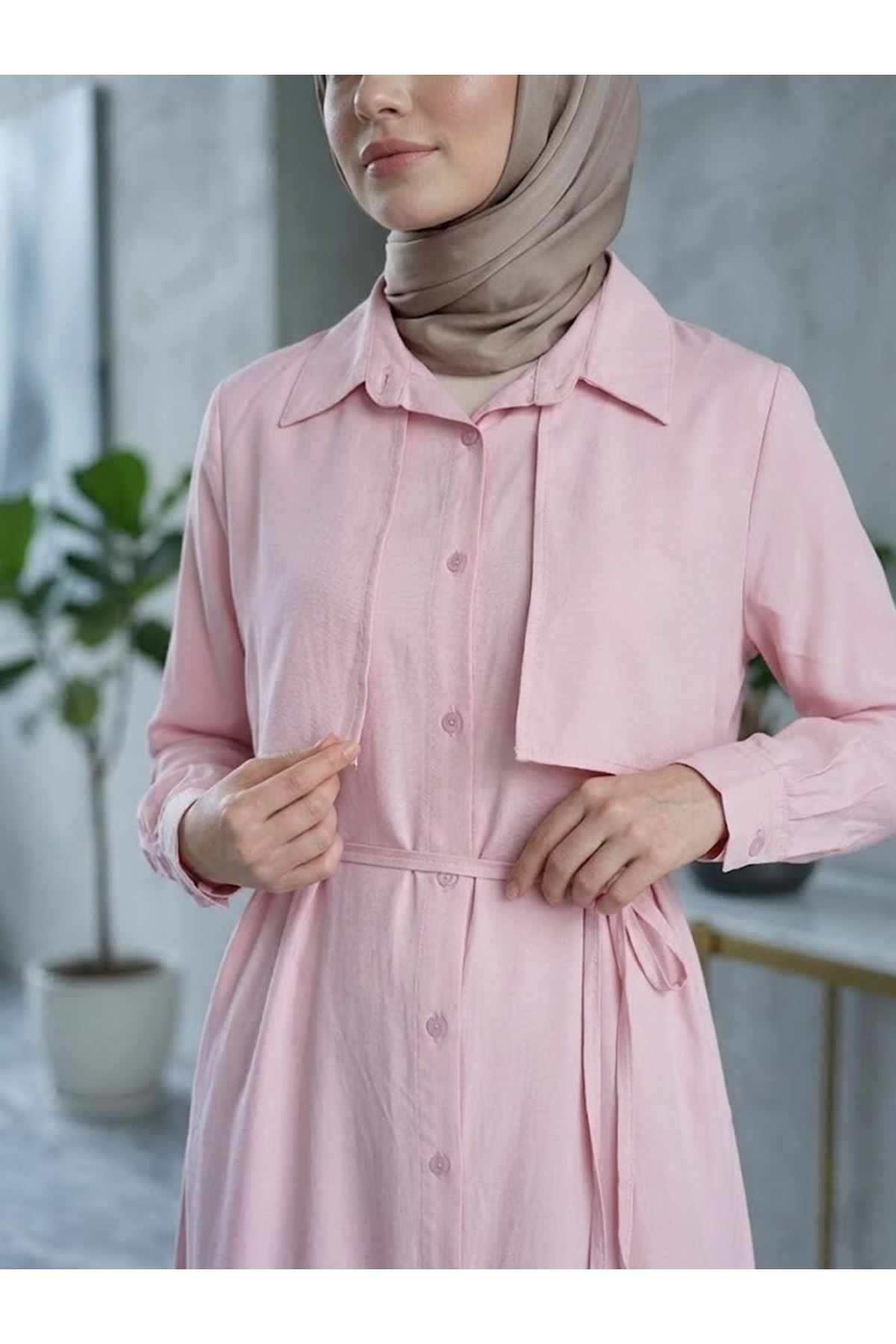 ELB04149-PMB Aller Detay Patlı Elbise-Pembe