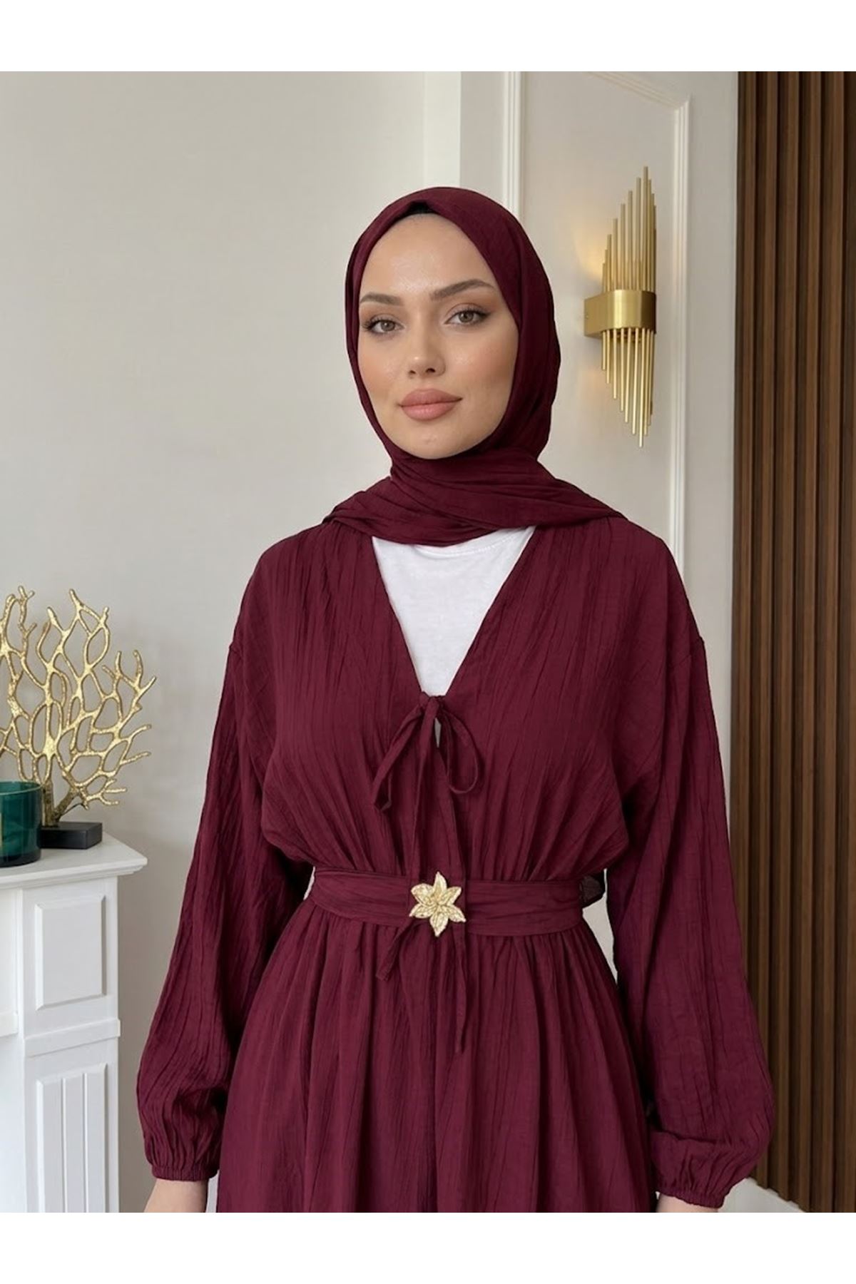 ELB04150-BRD Kuşak Aksesuar Detay BAĞLAMALI eLBİSE-Bordo