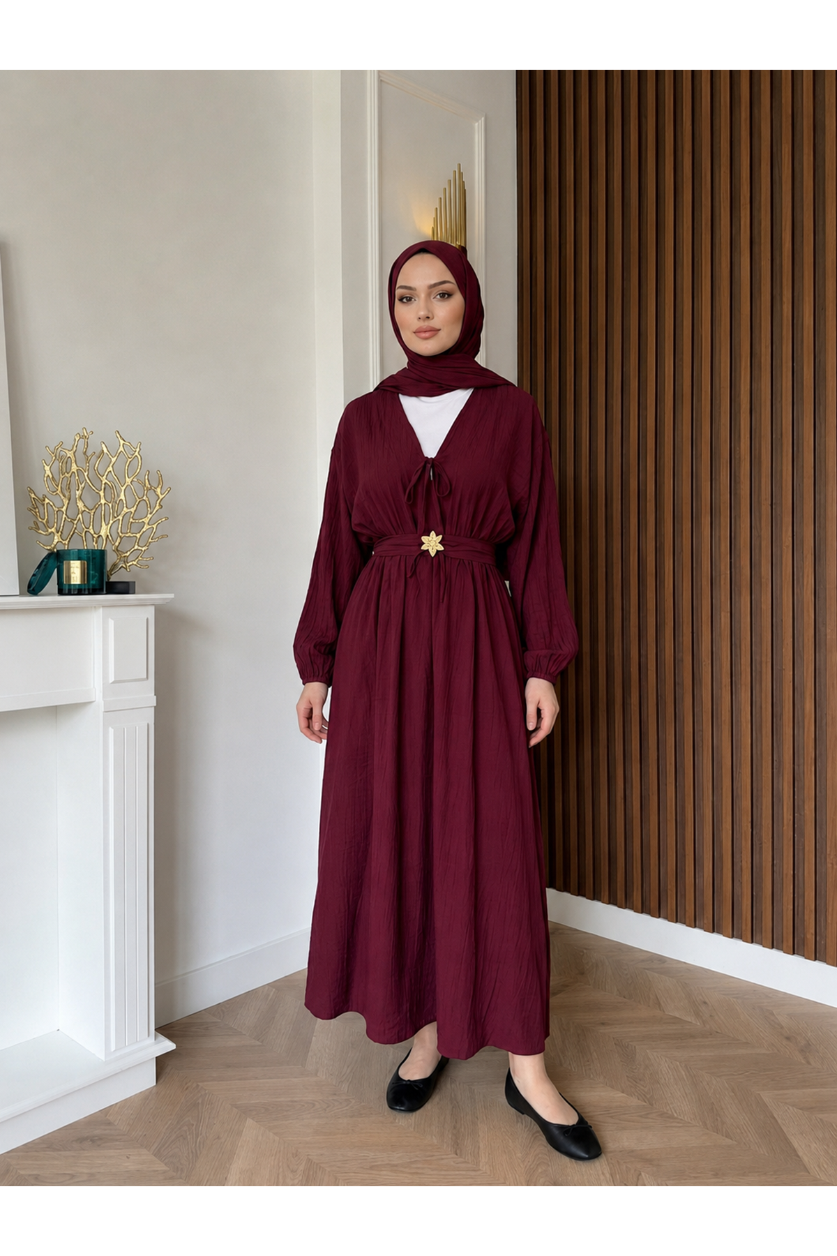 ELB04150-BRD Kuşak Aksesuar Detay BAĞLAMALI eLBİSE-Bordo
