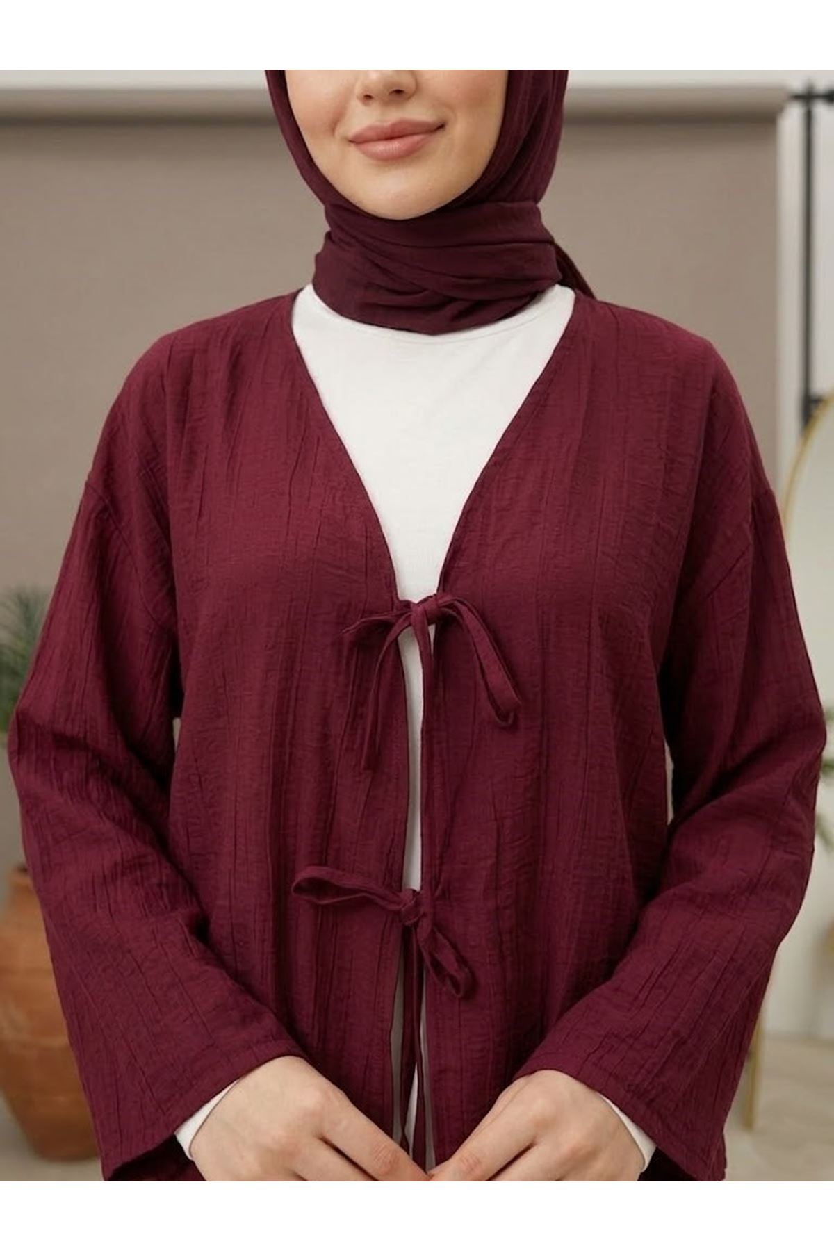 TUN05985-BRD Ön BağlamalıTunik-Bordo