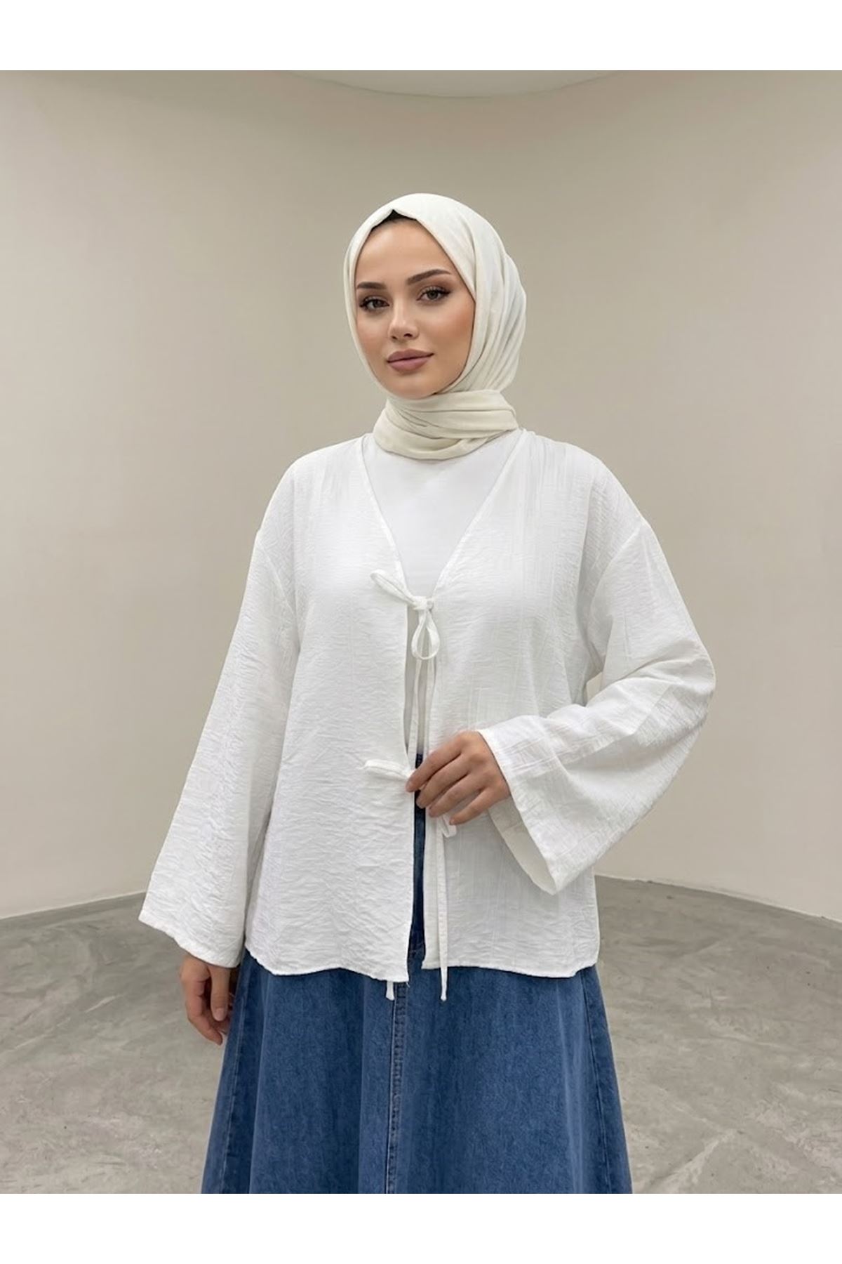 TUN05985-EKR Ön BağlamalıTunik-Ekru
