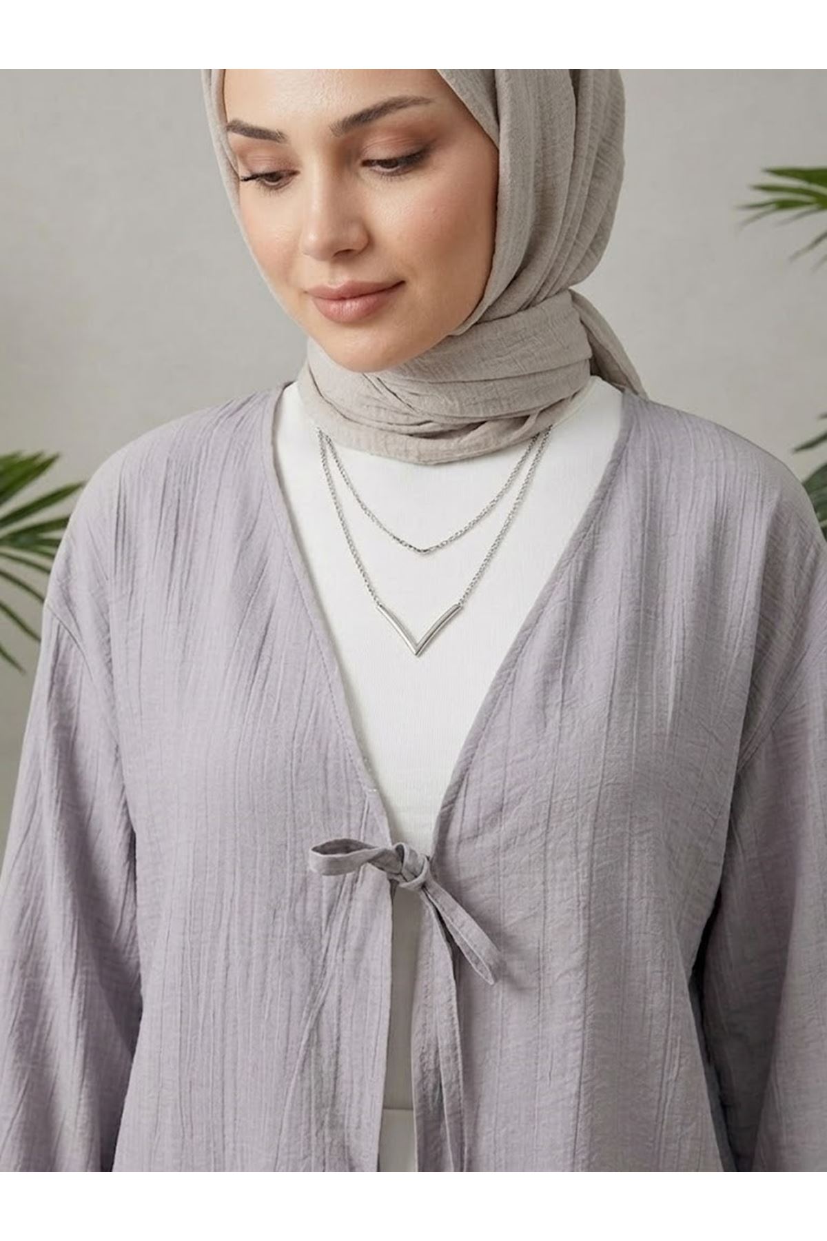 TUN05985-84 Ön BağlamalıTunik-Açık Gri