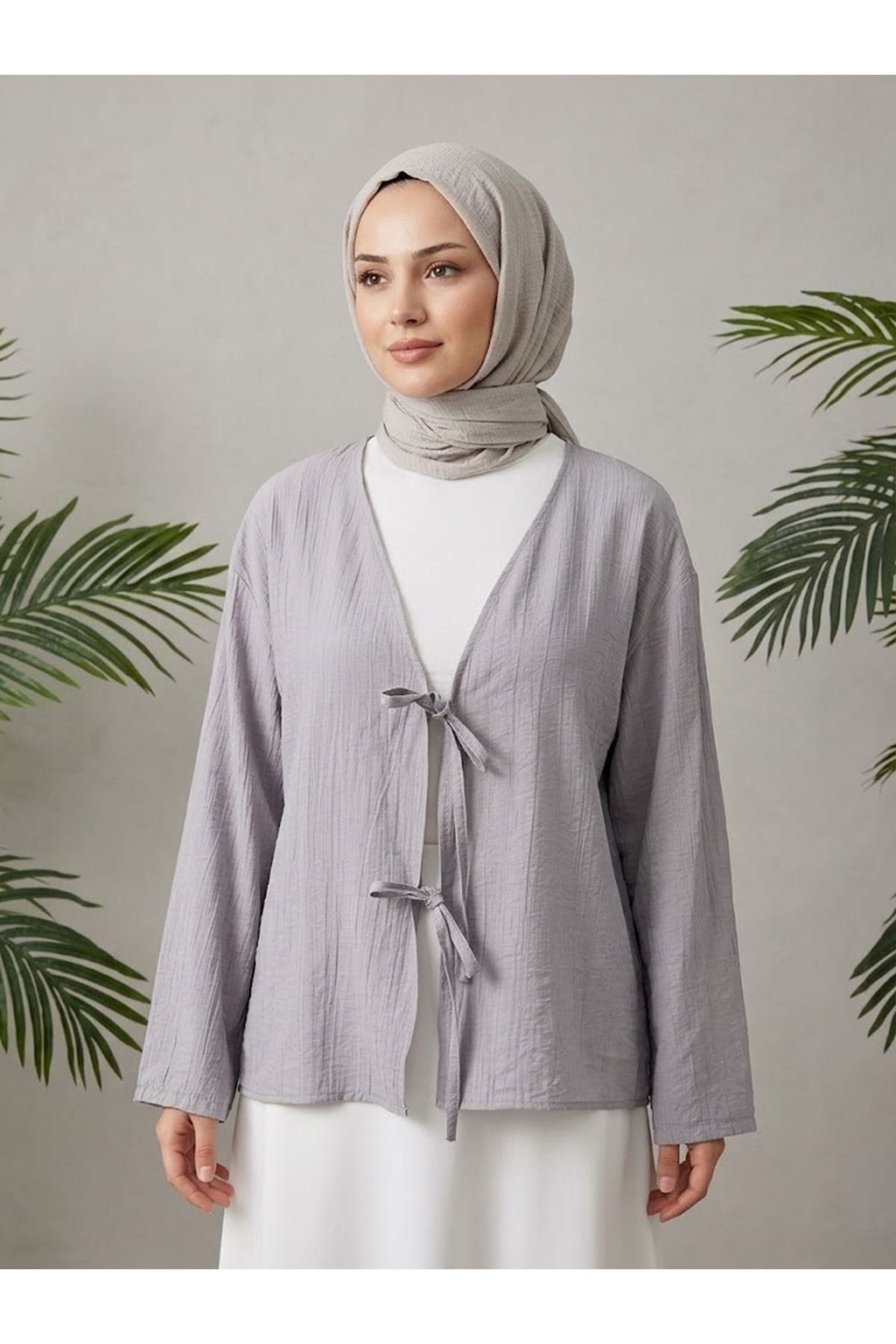 TUN05985-84 Ön BağlamalıTunik-Açık Gri