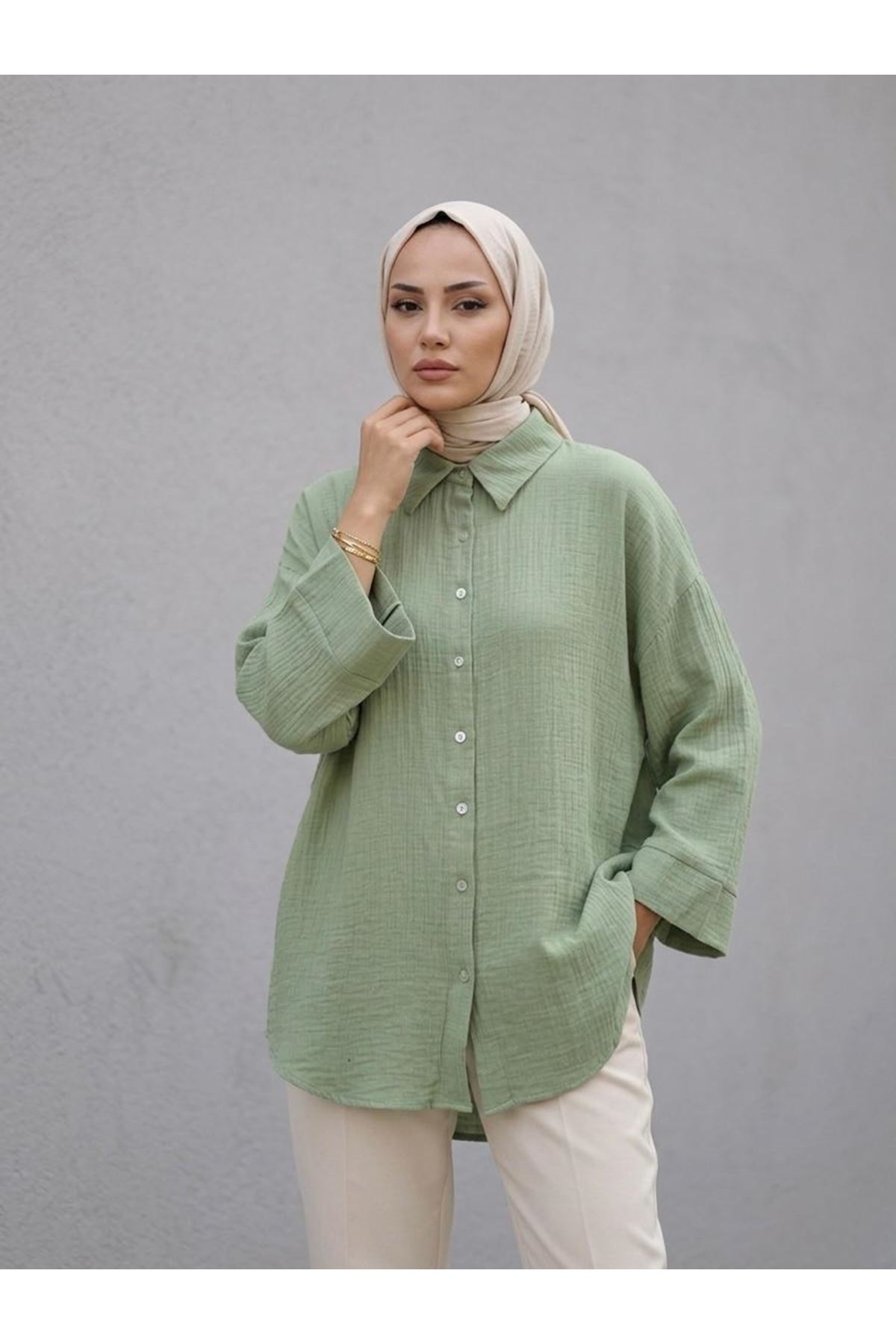 TUN05988-MNT Duble Kol Müslin Gömlek-Mint