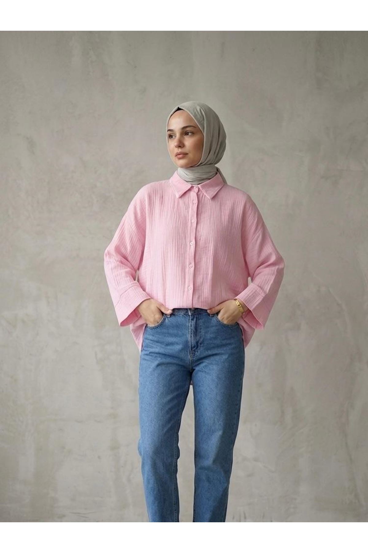 TUN05988-PMB Duble Kol Müslin Gömlek-Pembe