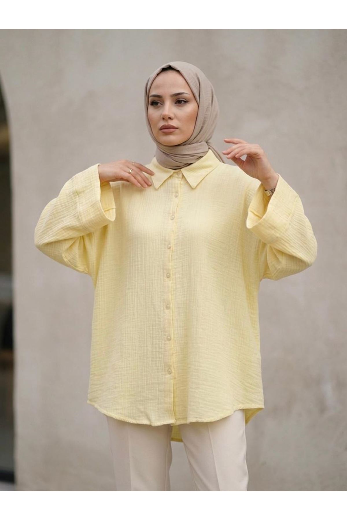 TUN05988-SRI Duble Kol Müslin Gömlek-Sarı