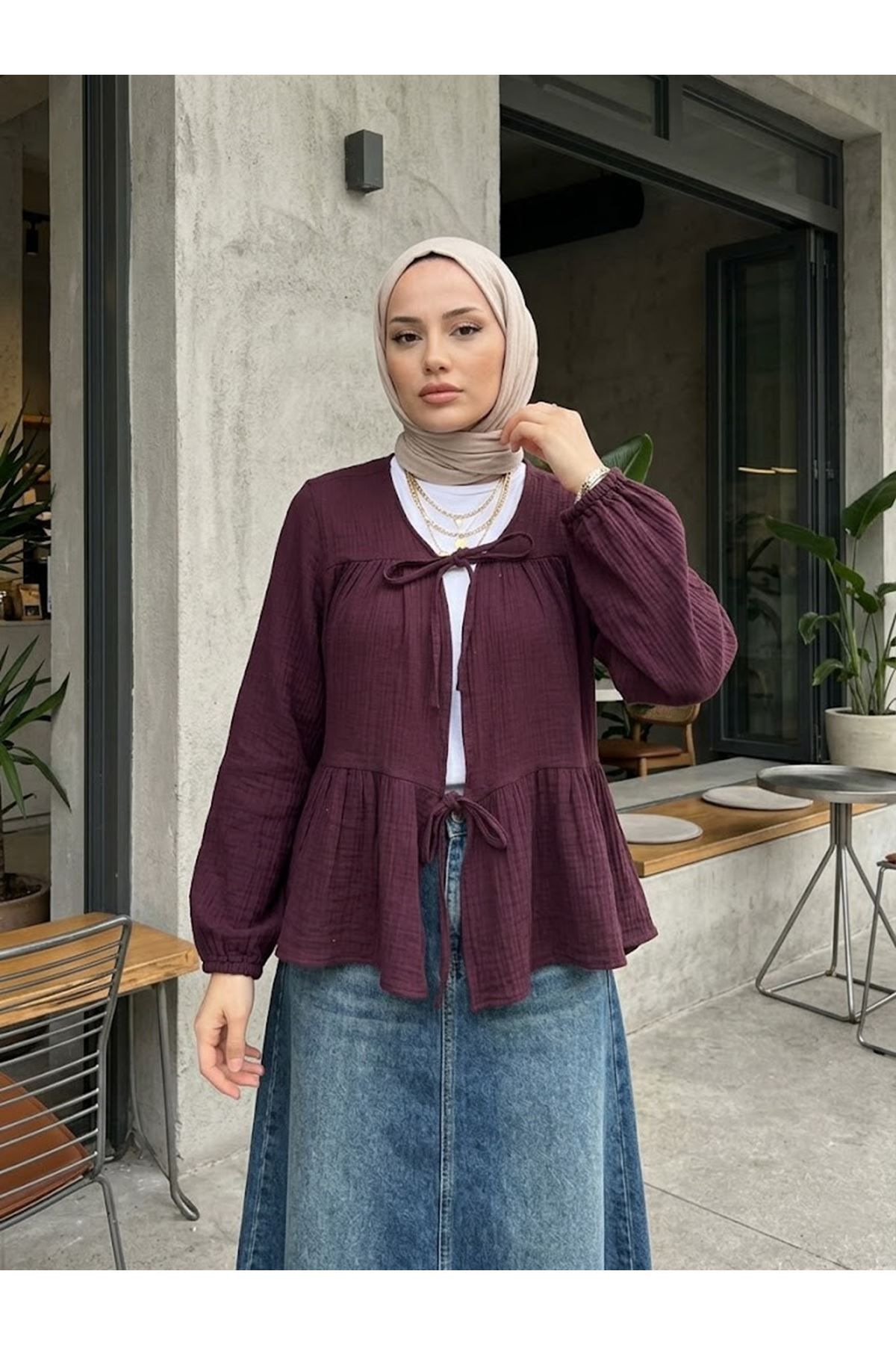 TUN05987-BRD İki Bağlamalı Müslin Tunik-Bordo
