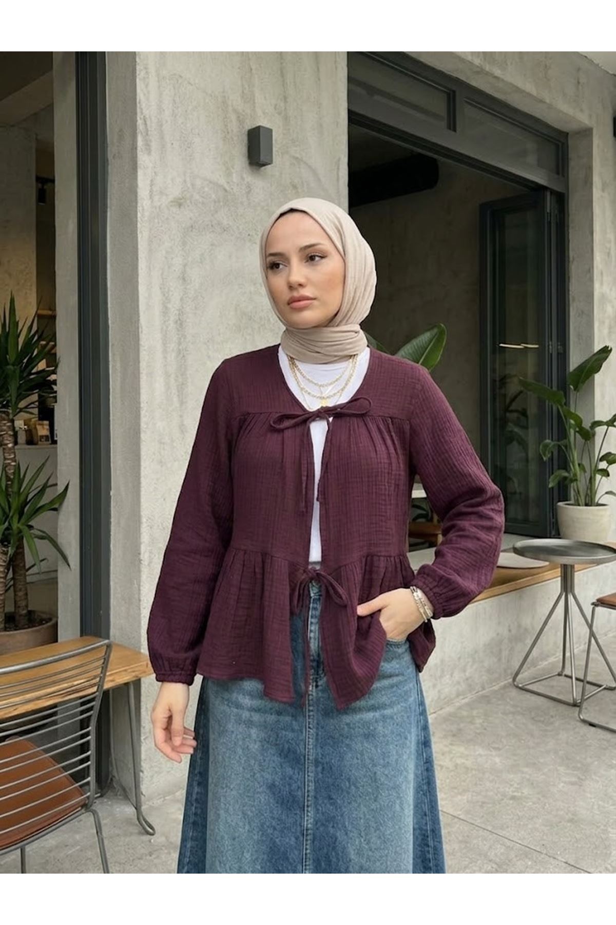 TUN05987-BRD İki Bağlamalı Müslin Tunik-Bordo